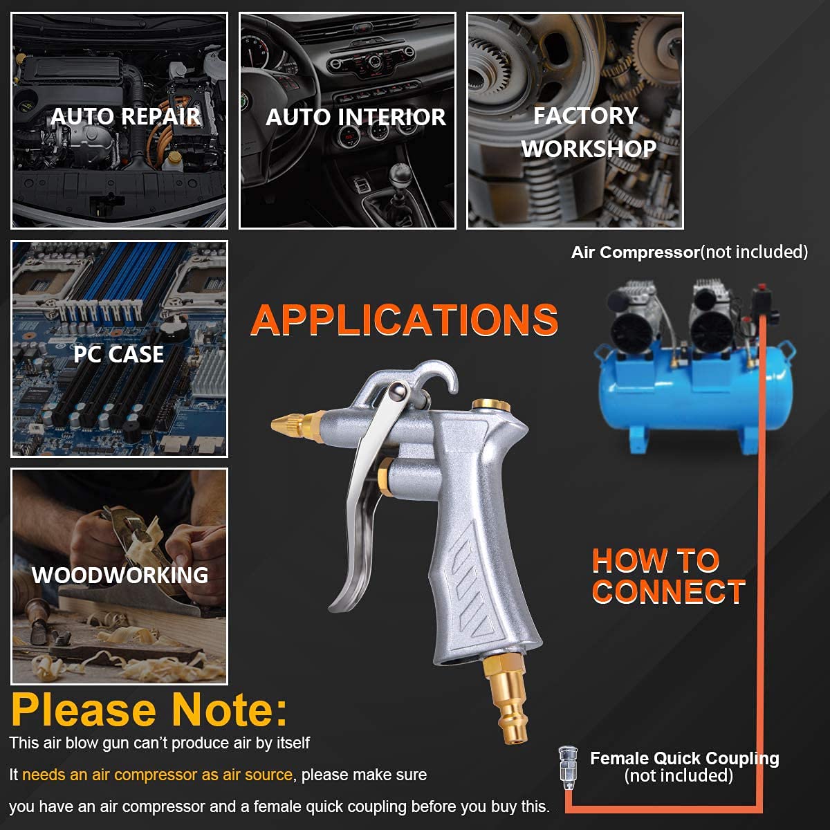 JASTIND Industrial Air Blow Gun with Brass Adjustable Air Flow Nozzle and 2 Steel Extension, Pneumatic Air Compressor Accessory Tool Dust Cleaning and Blower Gun JASTIND