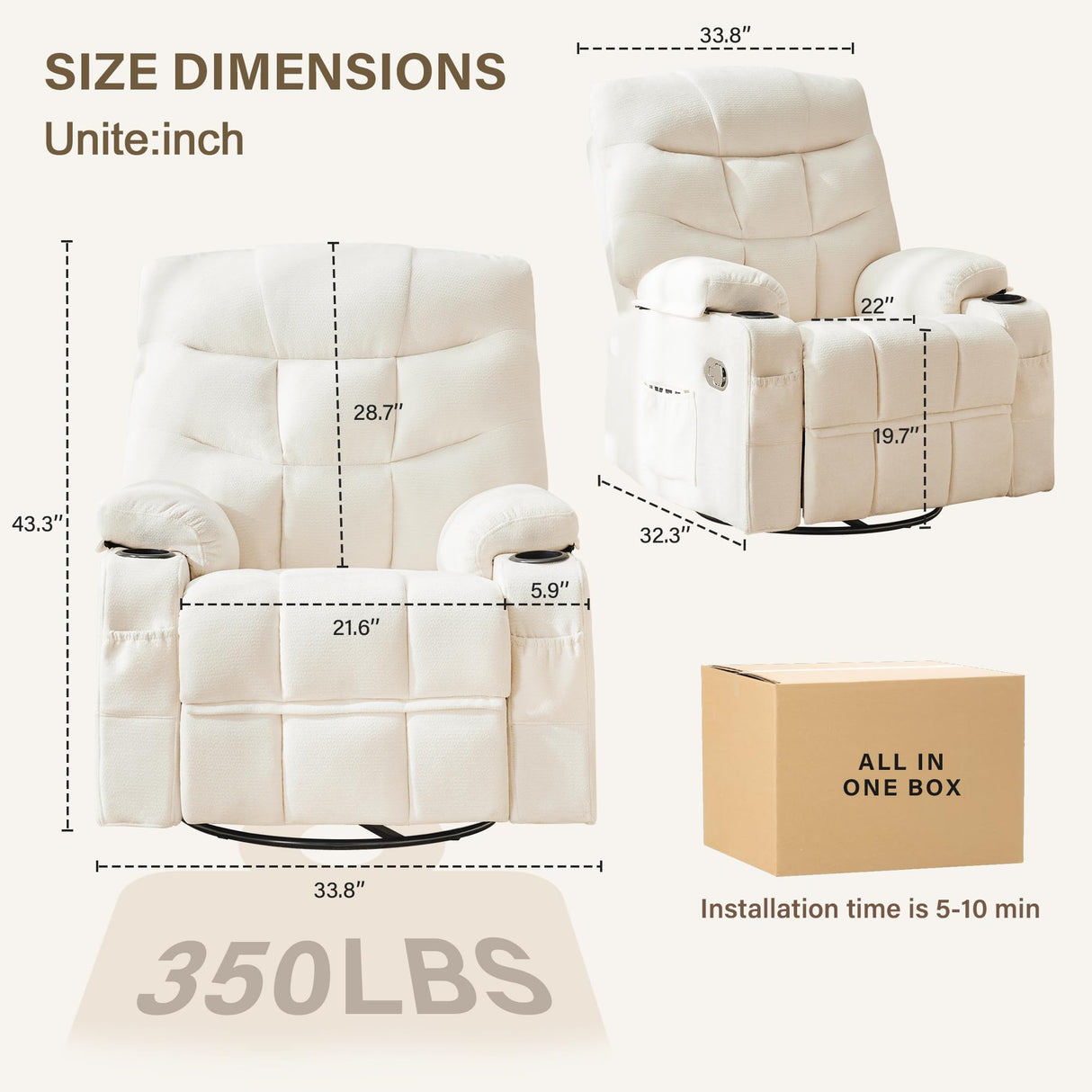 Hicosit Manual Rocker Recliner Chair, 360°Swivel Recliner Chairs for Adults, Single Recliner Seat with Cup Holders,Upholstered Fabric Lazy Boy Recliner,White Hicosit