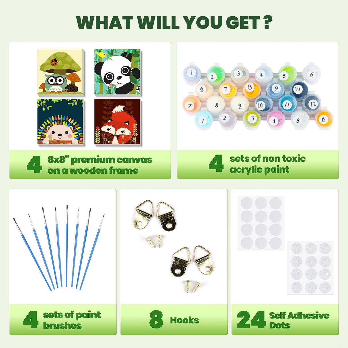 Bowetile 4 Pack Framed Paint by Numbers for Kids Beginners, Easy Cartoon Paint by Numbers for Kids Ages 8-12 on Canvas, DIY Oil Acrylic Number Painting Art Crafts for Home Wall Decor, 8x8in Bowetile