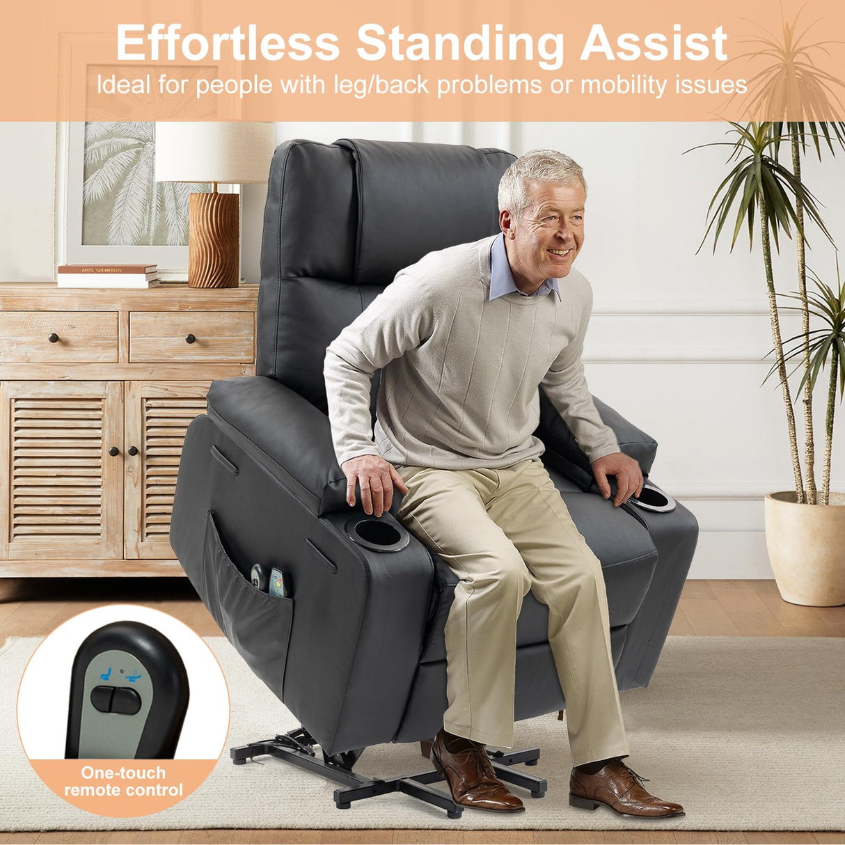 Power Lift Recliner Chair for Elderly, Electric Stand Assist Reclining Chair with Massage and Heat Function, Leather Living Room Furniture, Comfy Single Sofa with Cup Holders, Side Pockets, Black BRTHORY