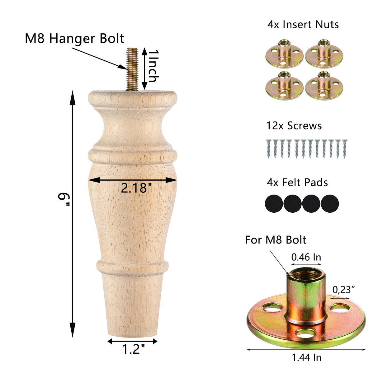 Michanco Wooden Furniture Legs 6 Inch Set of 4 Unfinished Replacement Parts for Couch Sofa Chair Ottoman Cabinet Michanco