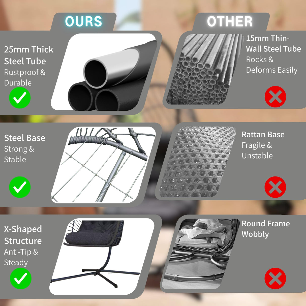 Kingdura Hanging Egg Chair with Stand Indoor Outdoor, Foldable Rattan Wicker Hammock Egg Swing Chair for Bedroom Porch Patio Garden, Thickened Cushion, 350LBS Capacity, Heavy Duty Frame Kingdura