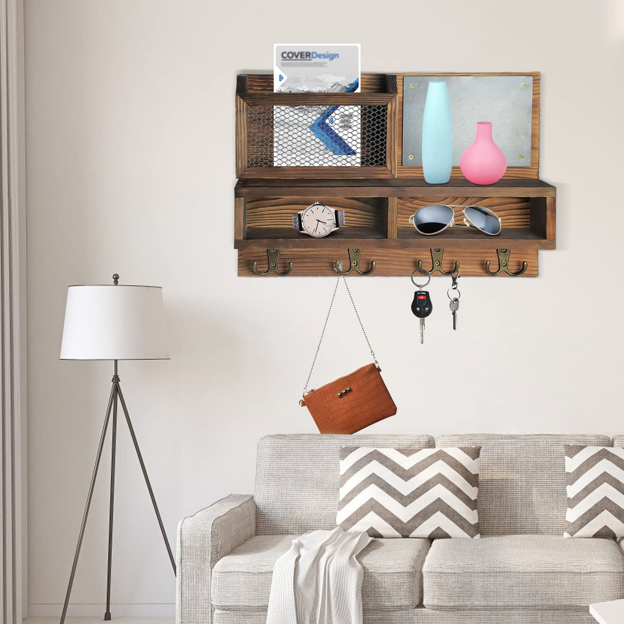 Key Holder for Wall, Mail Organizer Wall Mount with Key Hooks and Wallet Holder, Sunglasses Storage and Dog Leash Holder, Wall Decorative with 4 Double Hooks and Chalkboard WEWEOW