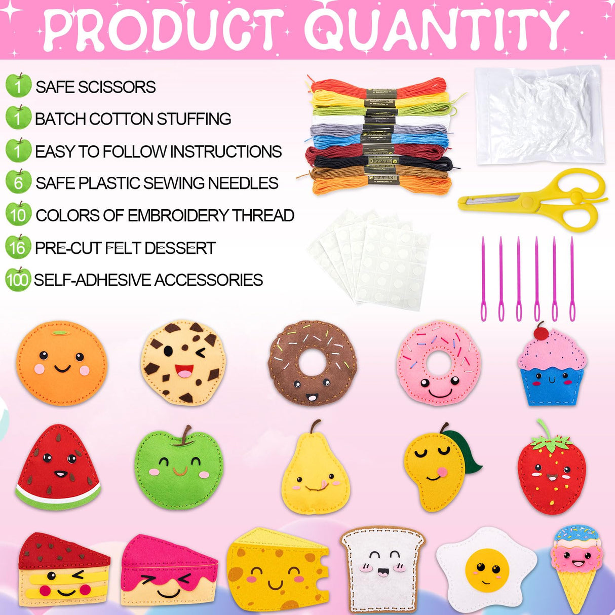 ZOIIWA 16 Sets Food Themed Sewing Kit for Kids Fun Craft for Boy Girl Age Felt Fruit Plush Craft Kit Learn to Sew Educational Beginners Sewing Stuffed Ornament for Black to School Classroom Gift ZOIIWA