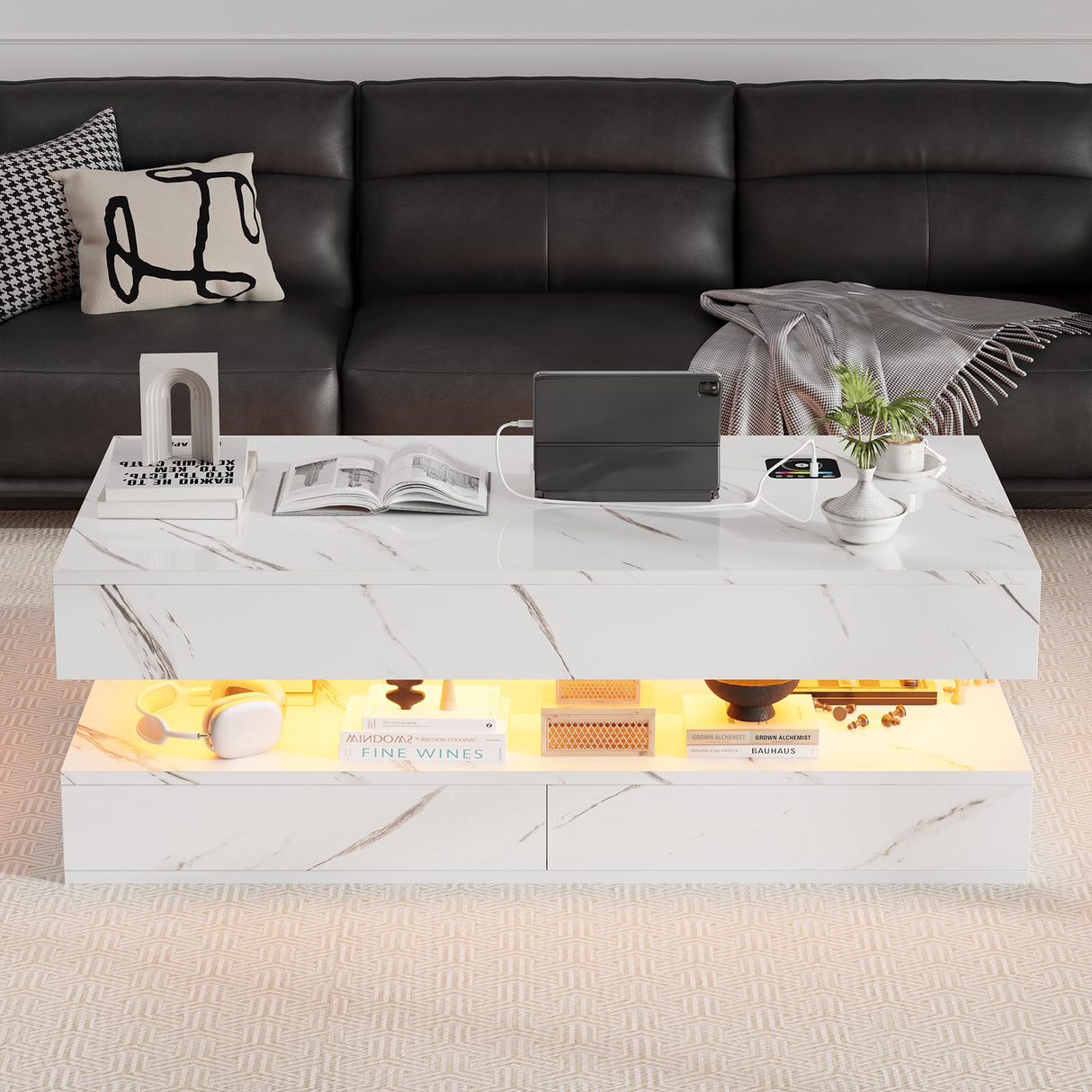 Buenhomino 47" Modern LED Coffee Table with 2 Drawers, High Glossy Double-Layer Center Table with Wireless Charging and Built-in Bluetooth Speaker Smart Table for Living Room with Marbling White Buenhomino