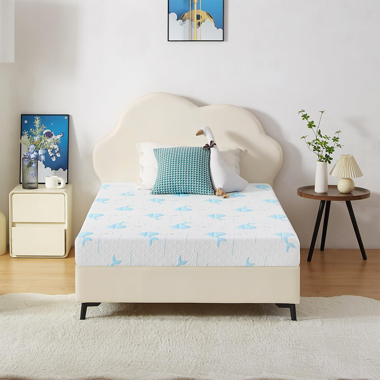 OUUI 6 Inch Twin Mattress for Kids, Removable Washable Cover with Whales Pattern Cooling Memory Foam Medium Feel, Bed-in-a-Box, CertiPUR-US Certified, Twin, White/Blue OUUI