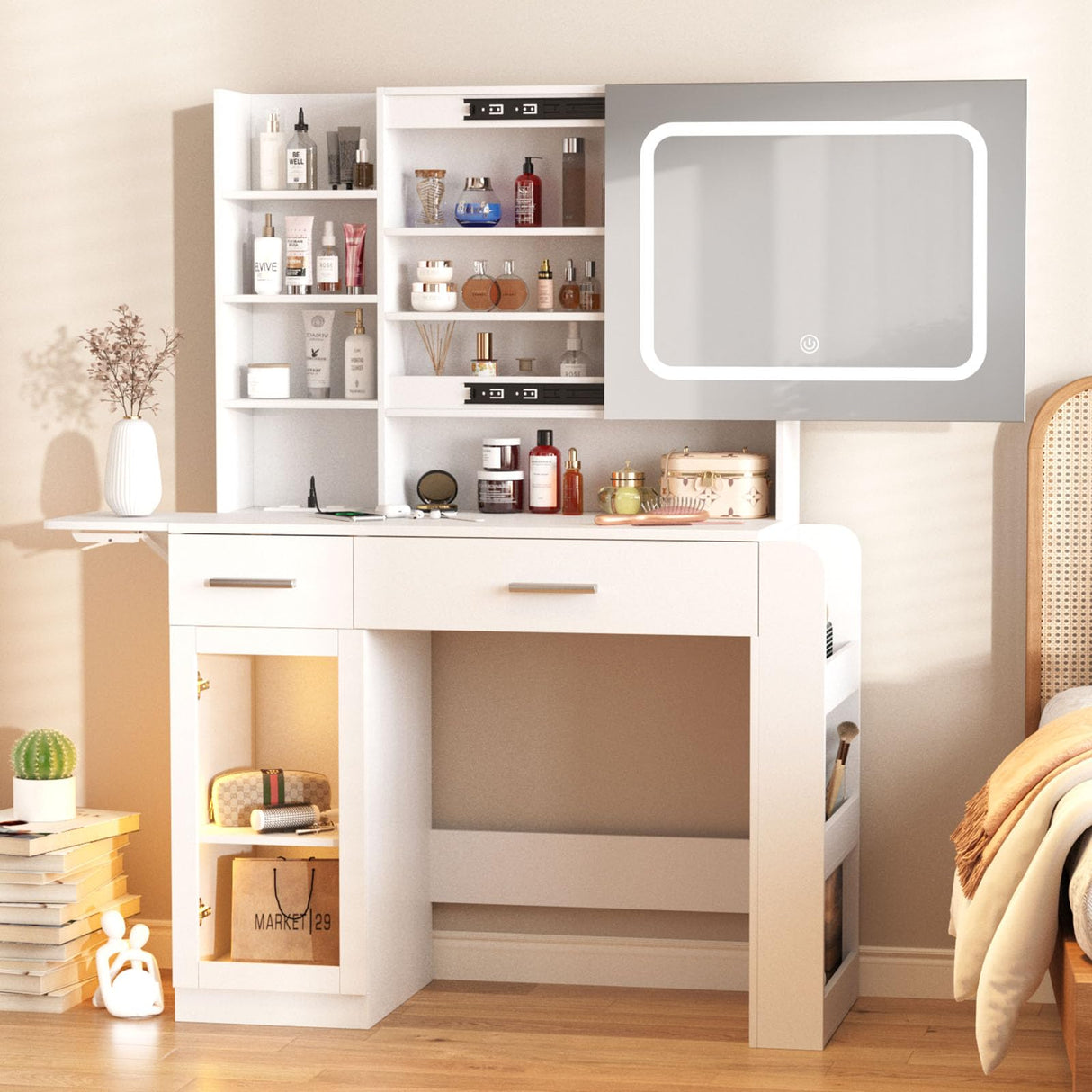 Vabches Vanity Desk with Mirror and Lights, Makeup Vanity with Charging Station, Vanity Table with Drawers, Shelves and Large Storage Cabinet for Home and Bedroom Vabches