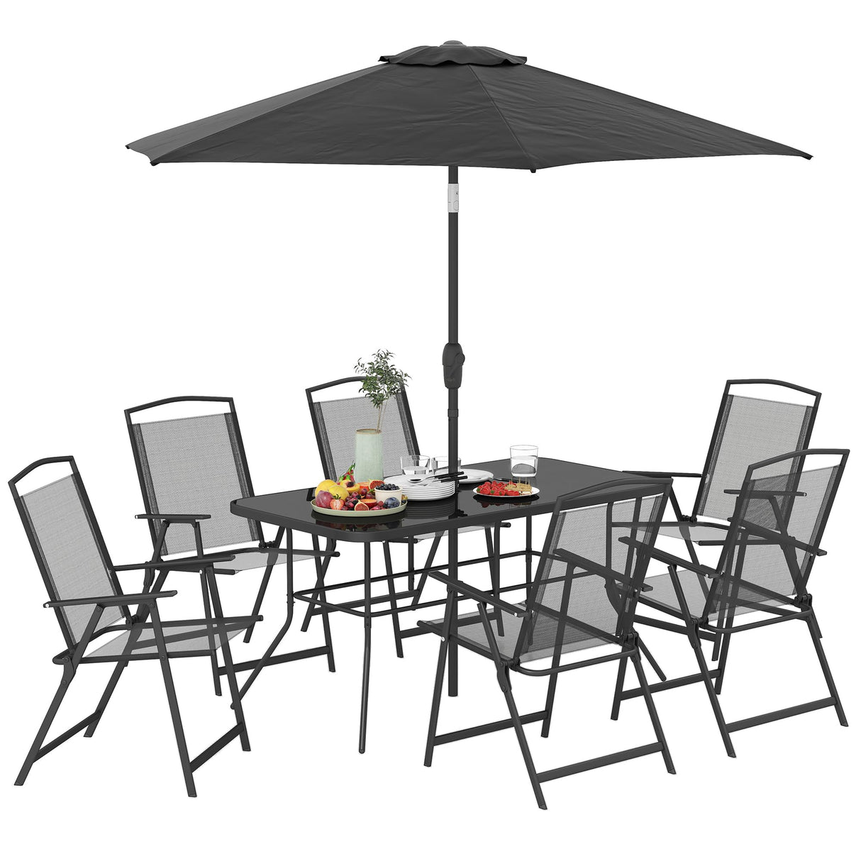 Outsunny 8 Piece Patio Dining Set with Table Umbrella, 6 Folding Chairs and Rectangle Dining Table, Outdoor Patio Furniture Set, Black Outsunny