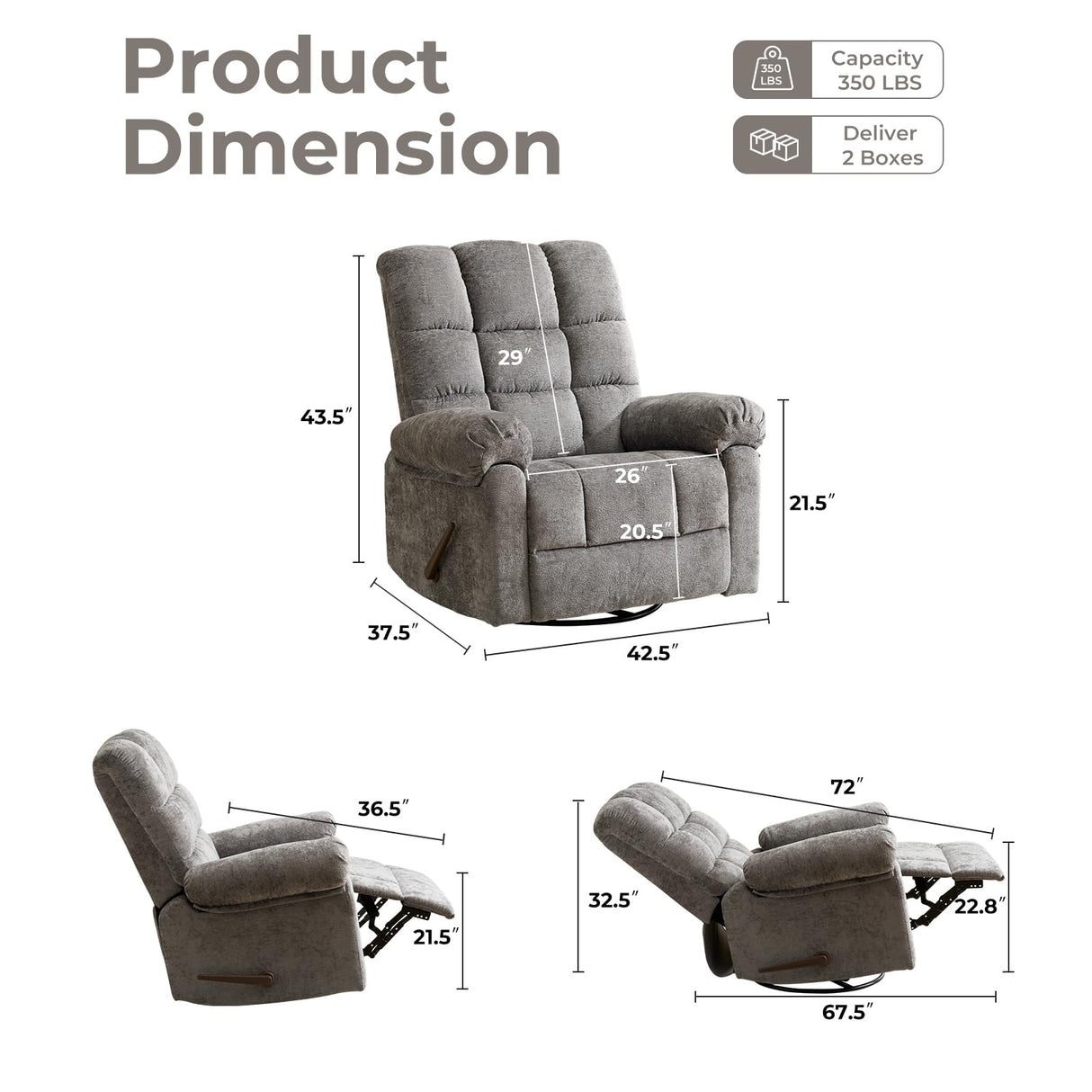Rhevoy Swivel Rocker Recliner Chair with Heat and Massage, 26" Wide Oversized Rocker Recliner with Overstuffed Backrest,Swivel Glider Recliner for Living Room,Grey Rhevoy