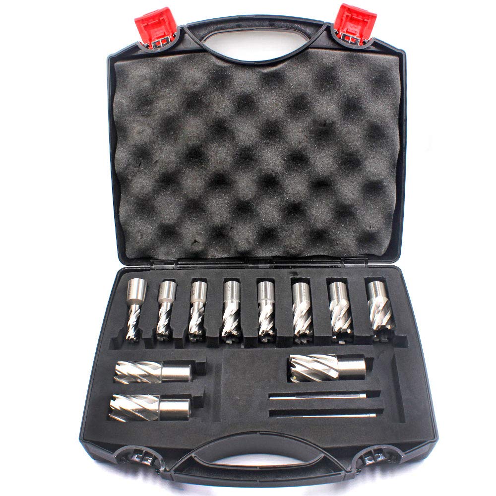Annular Cutter Set 13 pcs JESTUOUS 3/4 Inch Weldon Shank 1 Cutting Depth and Cutting Diameter from 7/16 to 1-1/16 for Mag Drill Press HSS Standard Kit Two Flat with 2 Pilot Pins JESTUOUS