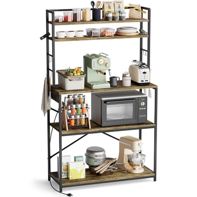 YESHOMY Kitchen Baker’s Rack with Power Outlet, 5-Tier Microwave Stand, Coffee Bar with 8 S-Shaped Hooks, Heavy Duty Storage Shelf Unit for Spices, Pots, Rustic Brown