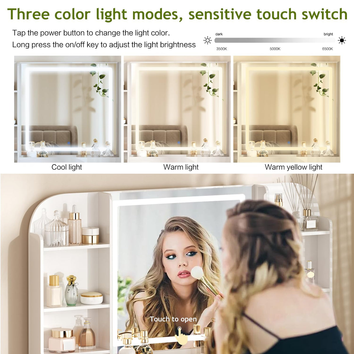 YYJ 42" Makeup Vanity Desk with Mirror and Lights, & Power Outl,Glass Top Big Vanity Table with 9 Drawers& 8 Storage Shelves,Vanity Table Set with Chair for Bedroom,White,W YYJ