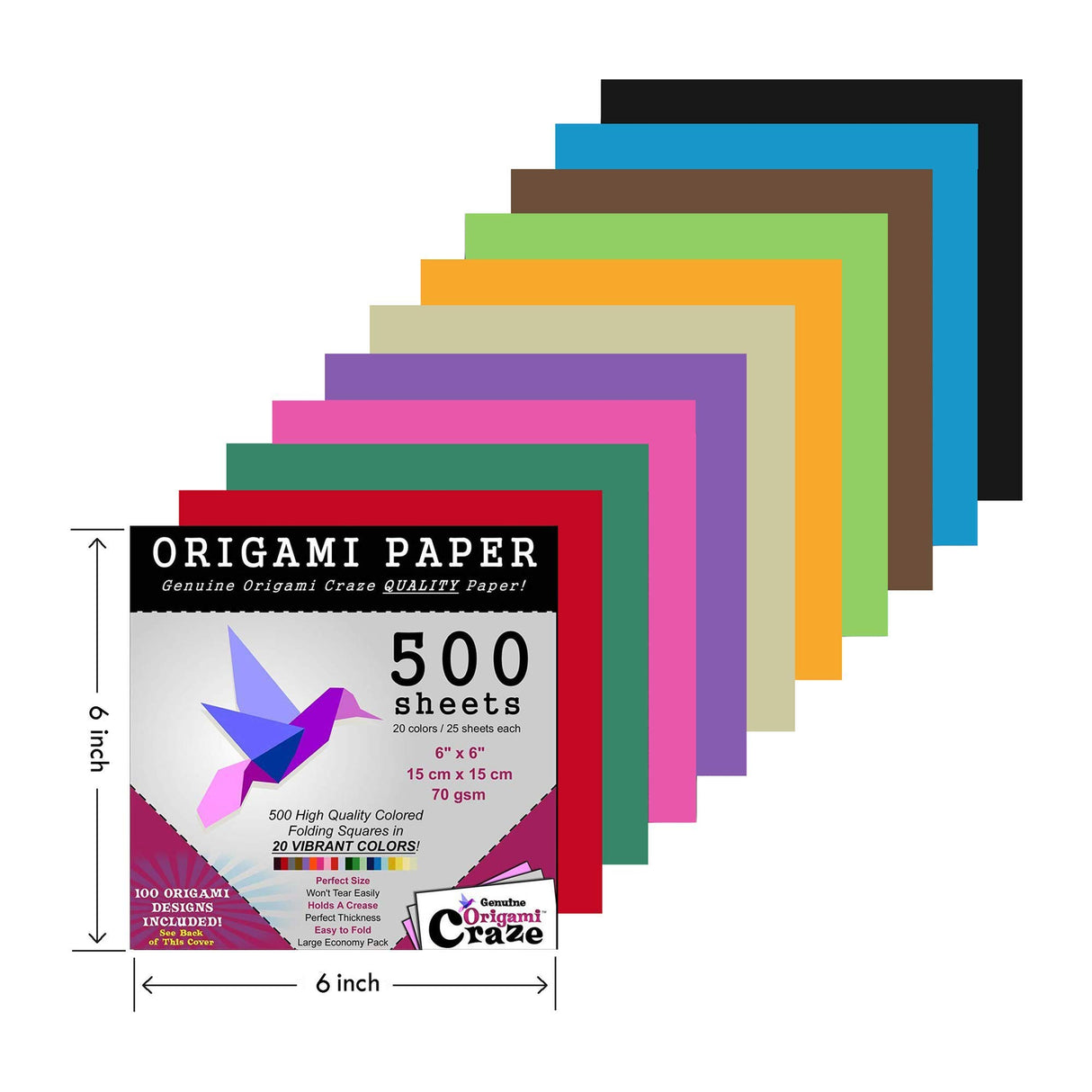 Origami Paper 500 Sheets Premium Quality for Arts and Crafts 6" Square Sheets 20 Vibrant Colours Same Colour on Both Sides 100 Design Ebook Included (See Back of Cover for Download info) Origami Craze