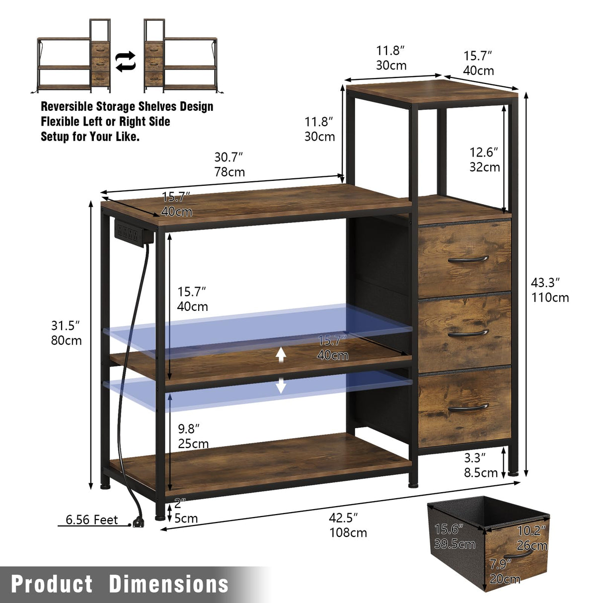 Welfuturer 20 Gallon Aquarium Stand with Power Outlets Fish Tank Stand with 3 Drawers Metal Frame Heavy Duty Reptile Tank Stand with 3-Tier Storage Shelves,Left/Right Assembly, Adjustment Height Welfuturer
