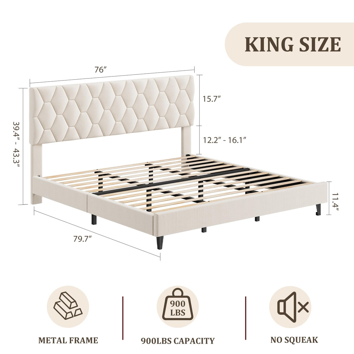 GAOMON Beige King Bed Frame with Upholstered Headboard, Heavy-Duty Platform Bed Frame with Strong Wood Slats, No Box Spring Needed/Noise Free/Easy Assembly GAOMON