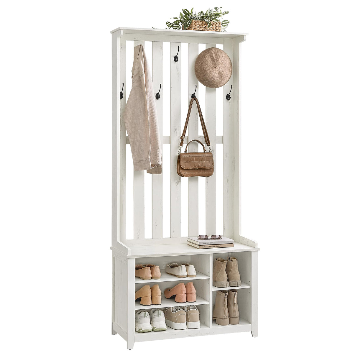 VASAGLE Hall Tree with Bench and Shoe Storage, Coat Rack with Shoe Bench, 7 Double Hooks for Jackets, Hats, Entryway, Bedroom, Living Room, 13.8 x 31.9 x 70.9 Inches, Rustic White UHSR414W01 VASAGLE