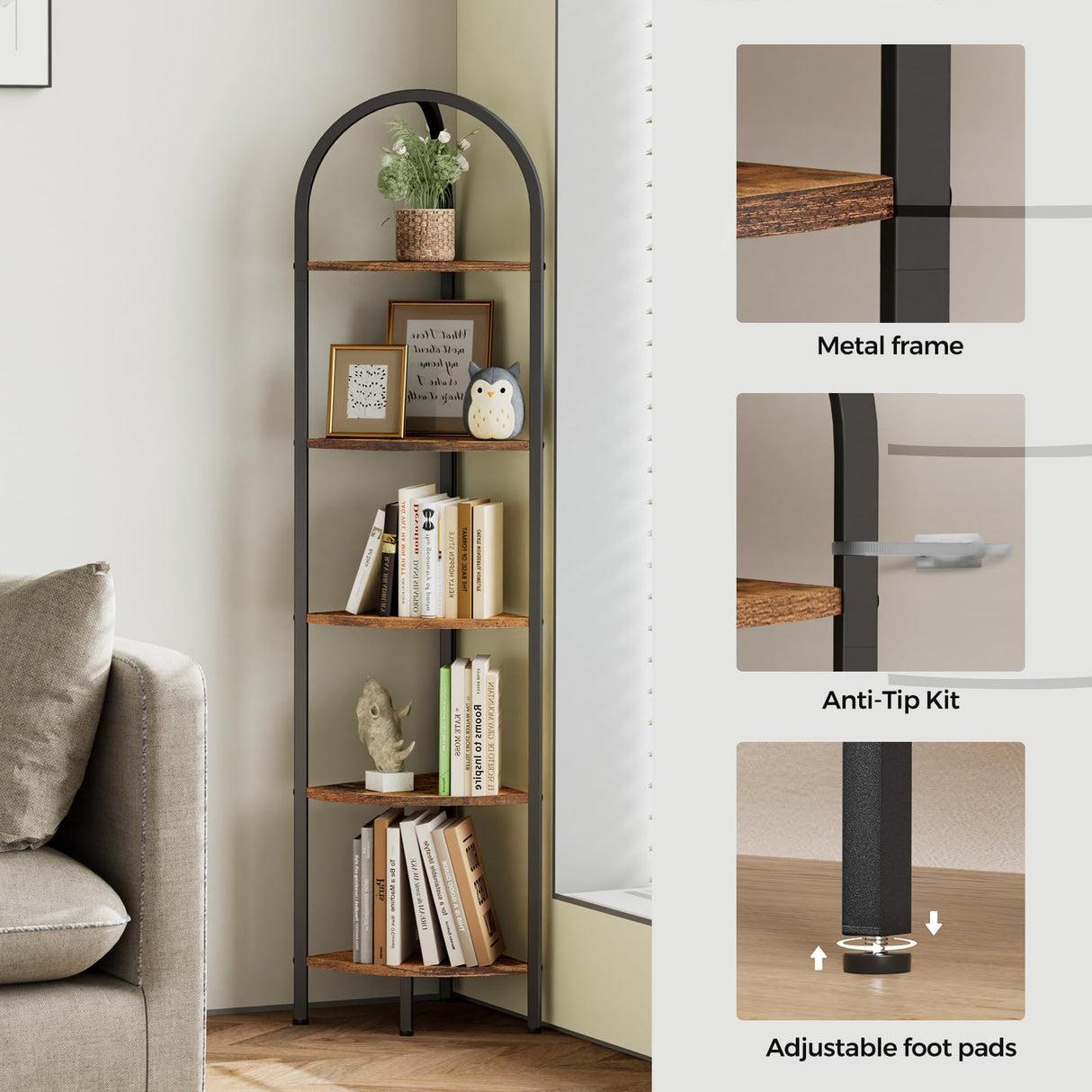 Homhedy 5-Tier Corner Shelf Stand, Wall Corner Bookshelf with Metal Frame, Bathroom Storage Rack Shelf, Plant Stand, Industrial Style,Rustic Brown and Black Homhedy