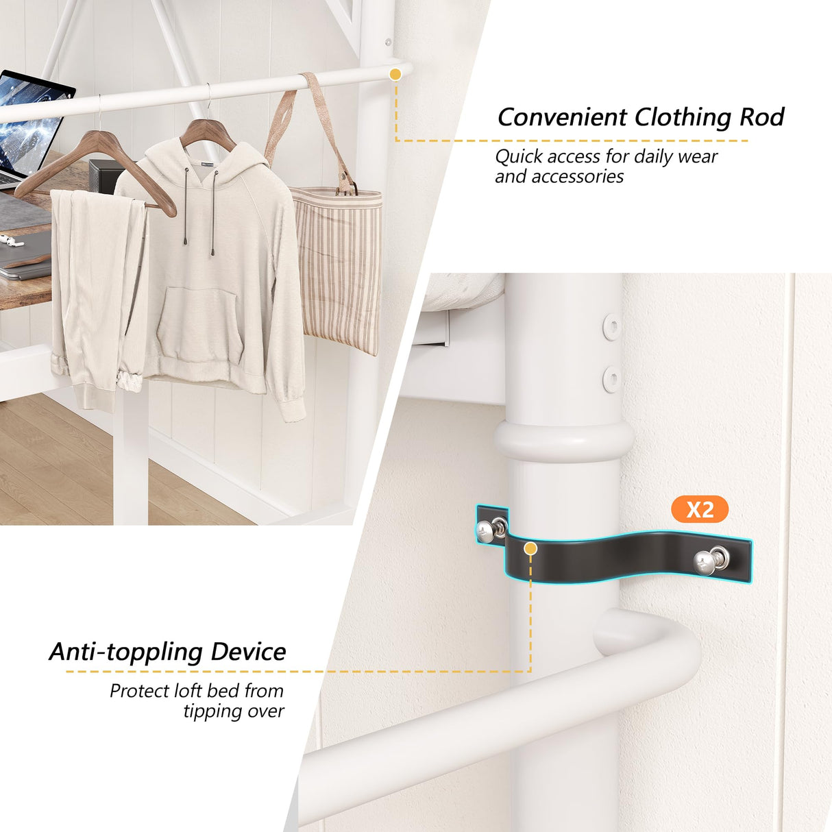 Twin Size Loft Bed with LED Lights and Charging Station, Industrial Heavy Duty Metal Loft Bed Frame with Ladder and Guardrail for Kids Adults, Small Space Saving Design for Bedroom Dorm, White Jocoevol