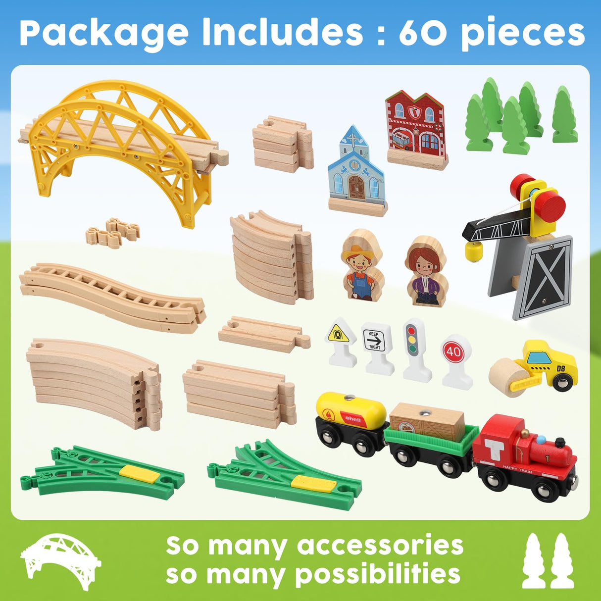 TOY Life Wooden Train Set with Crane Wood Train Tracks 60pcs Toddler Boy Toys for 3 Year Old Boys - Fits Thomas Brio Melisa Chugginton Train Track TOY Life