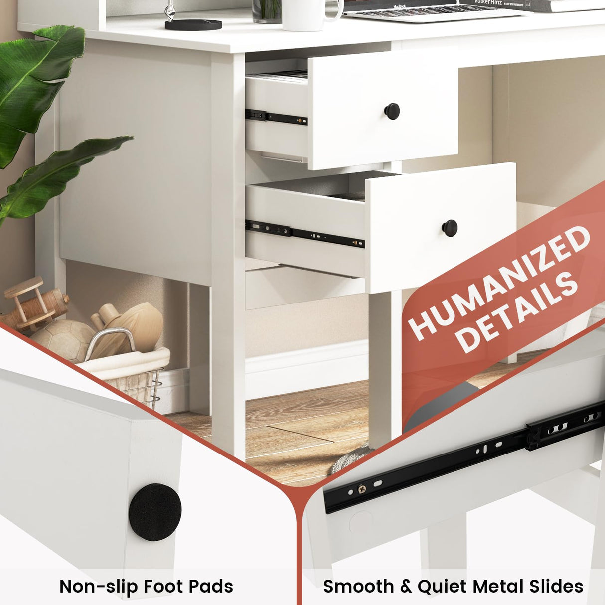 Tangkula White Desk with Drawers & Hutch, Modern Home Office Desk Writing Study Desk with Charging Station, Laptop Desk with 5 Storage Compartments, Computer Workstation Makeup Vanity Desk Tangkula