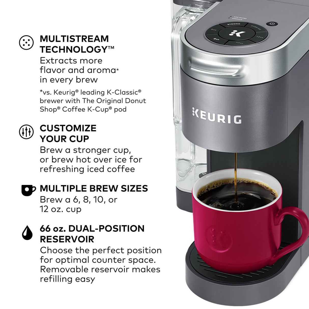 Keurig K-Supreme Single Serve K-Cup Pod Coffee Maker, MultiStream Technology, 4 Brew Sizes, 66oz Dual-Position Removable Reservoir, Gray Keurig