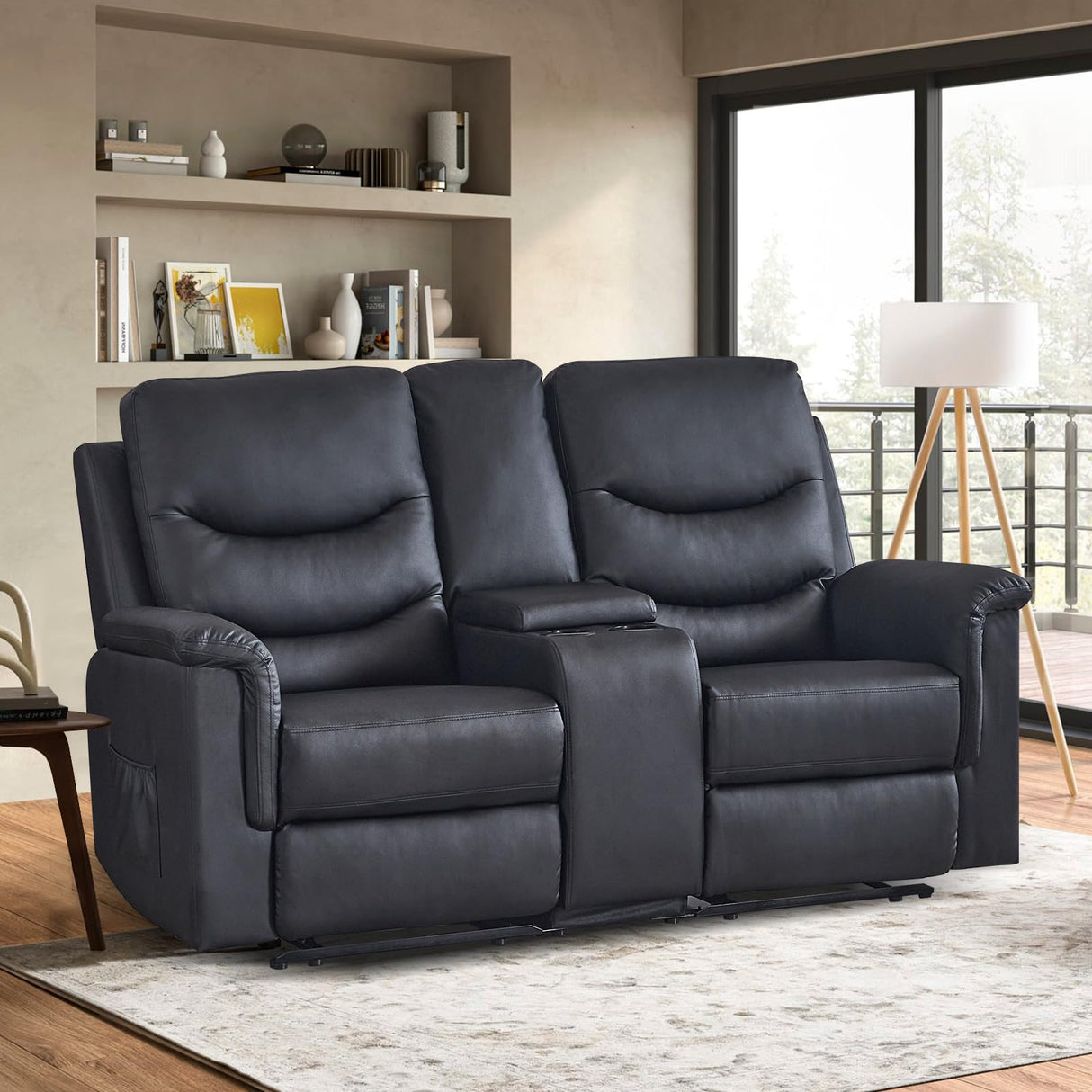 Consofa Reclining Loveseat with Console, Manual Loveseat Recliner Sofa, Wall Hugger Double Reclining Loveseat with Side Pockets & Cup Holders for Living Room, Office, Home Theater Consofa