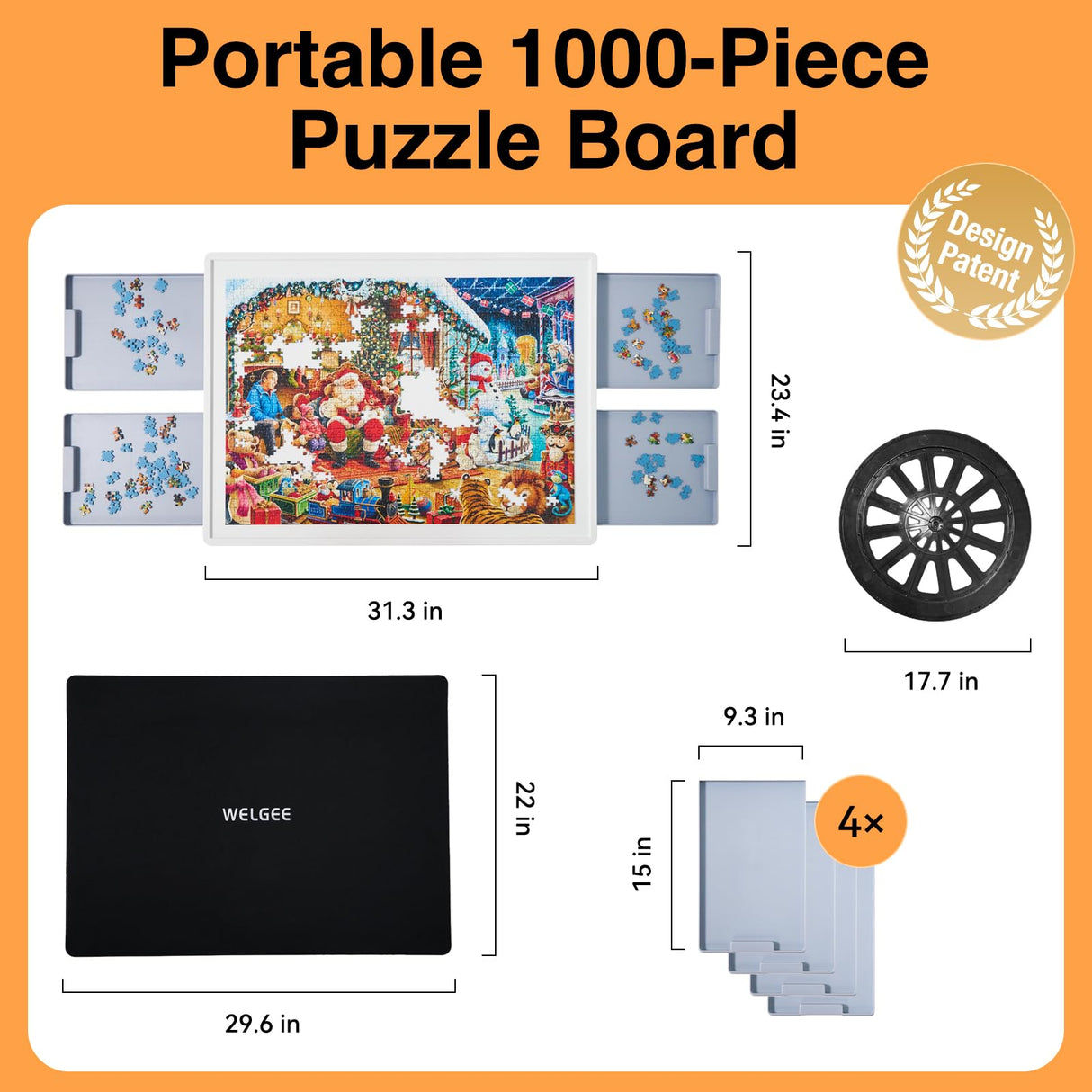 WELGEE 1000 Piece Rotating Puzzle Board with Drawers & Cover, 30"x22" Spinning Jigsaw Puzzle Table for Adults, Upgraded Lazy Susan, Lightweight ABS Plastic, Perfect for Puzzle Lovers & Moms