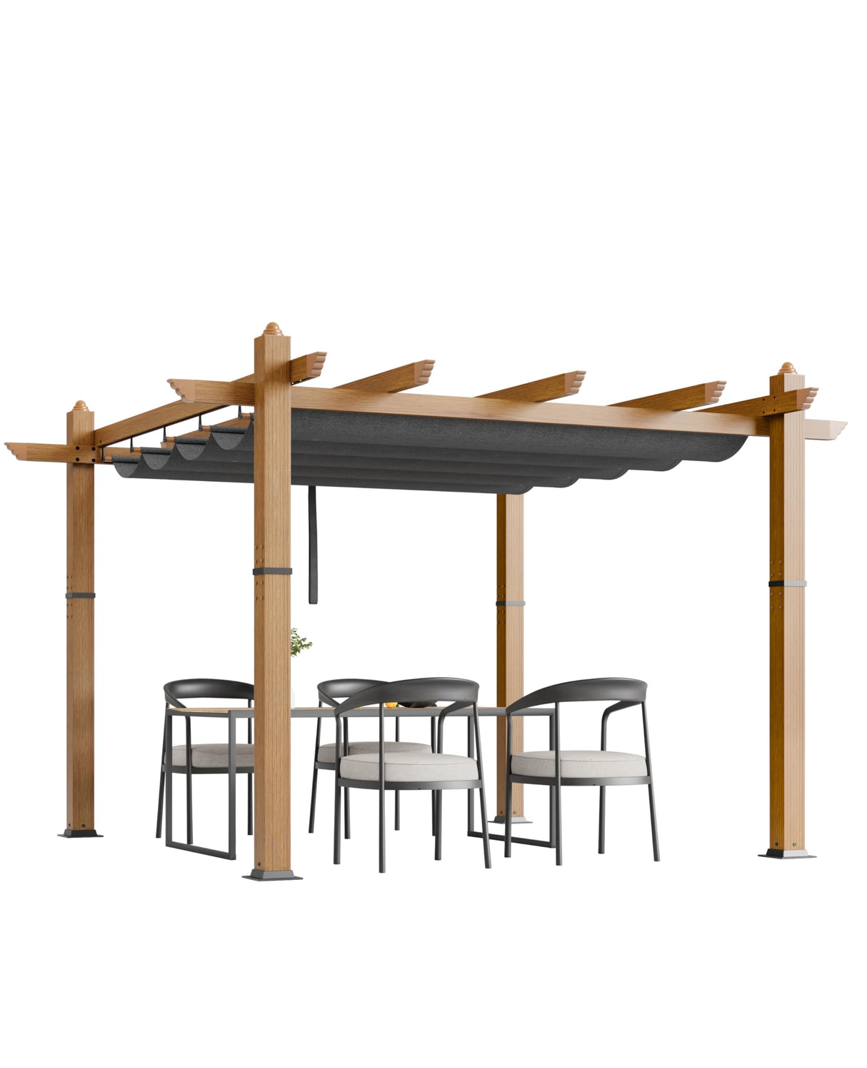 Garvee 10x10 Ft Outdoor Pergola with Retractable Canopy – Upgraded Aluminum Faux Wood Grain Metal Patio Pergola for Modern Backyard Deck, Porch, Grape Trellis in Grey Garvee
