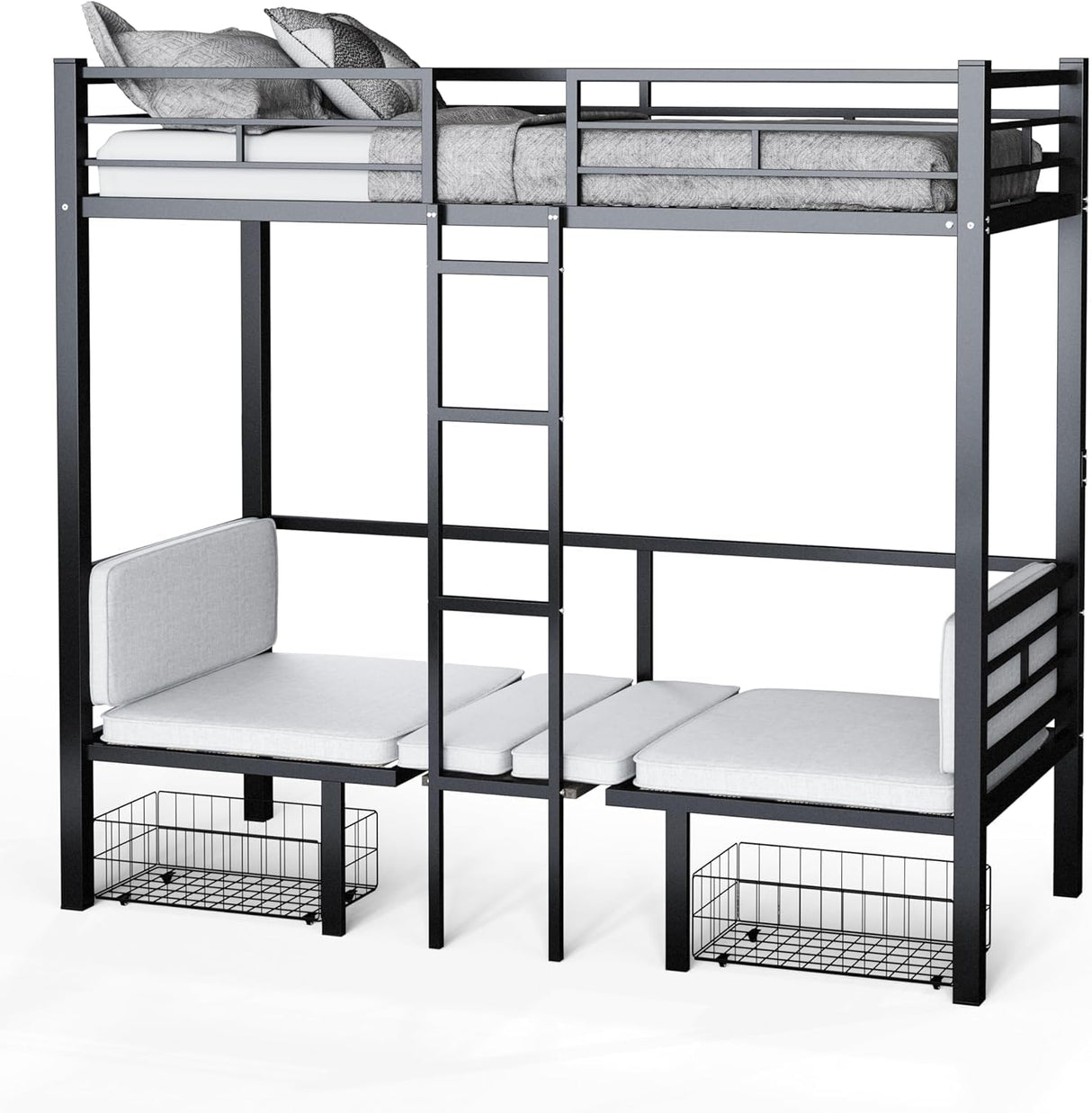 UOCFYK Full Size Loft Bed with with Desk, Convertible Bunk Bed Frame for Kids Bedroom w/Wood Slats Support & Guardrail & Ladders & Drawers, No Box Spring Needed, Black (Cushion not Included) UOCFYK