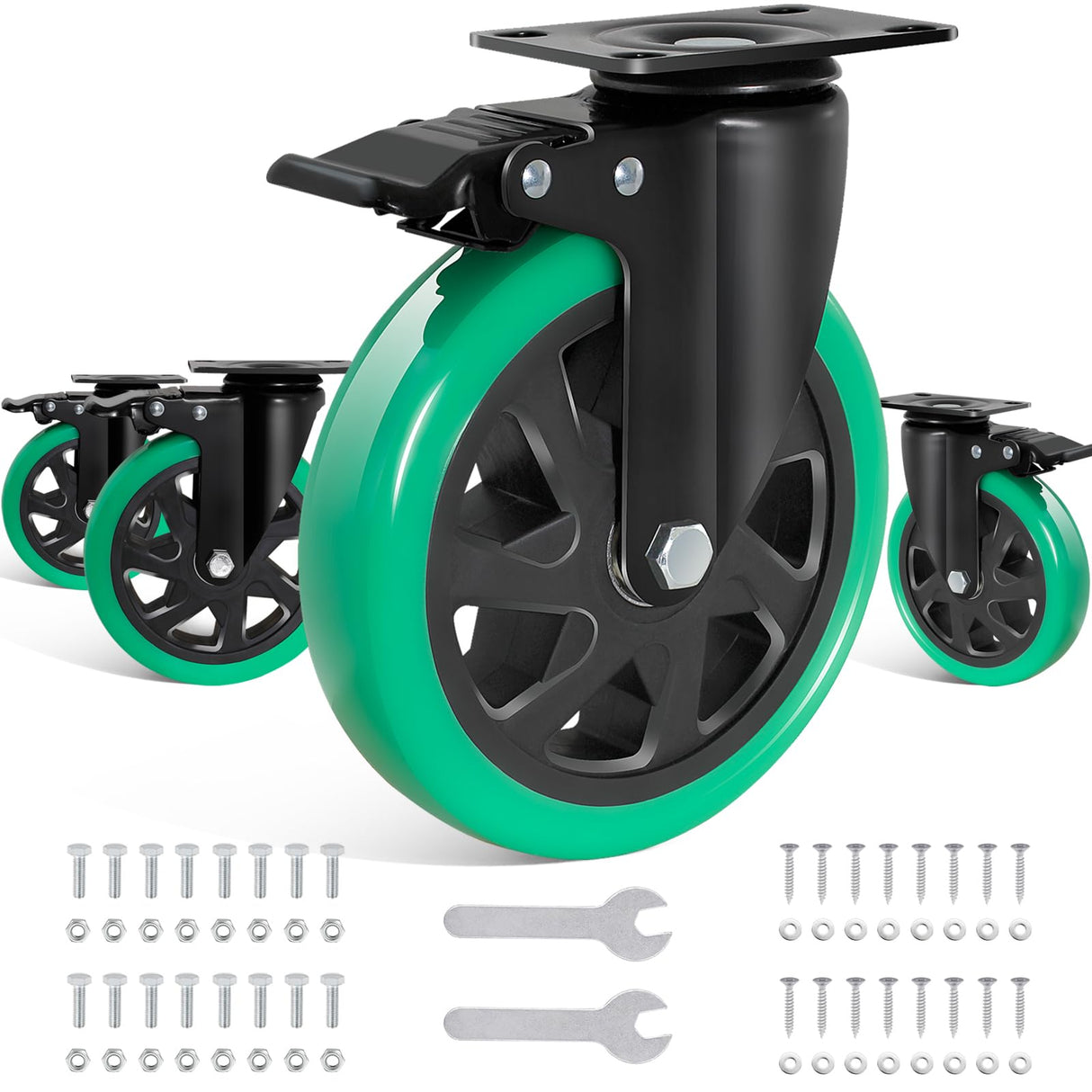 6 Inch Caster Wheels, Casters Set of 4 Heavy Duty, BZOLIHEU Locking Casters, Silent Top Plate Swivel Casters with Brake, Polyurethane Green Castor Wheels for Furniture and Workbench Cart BZOLIHEU