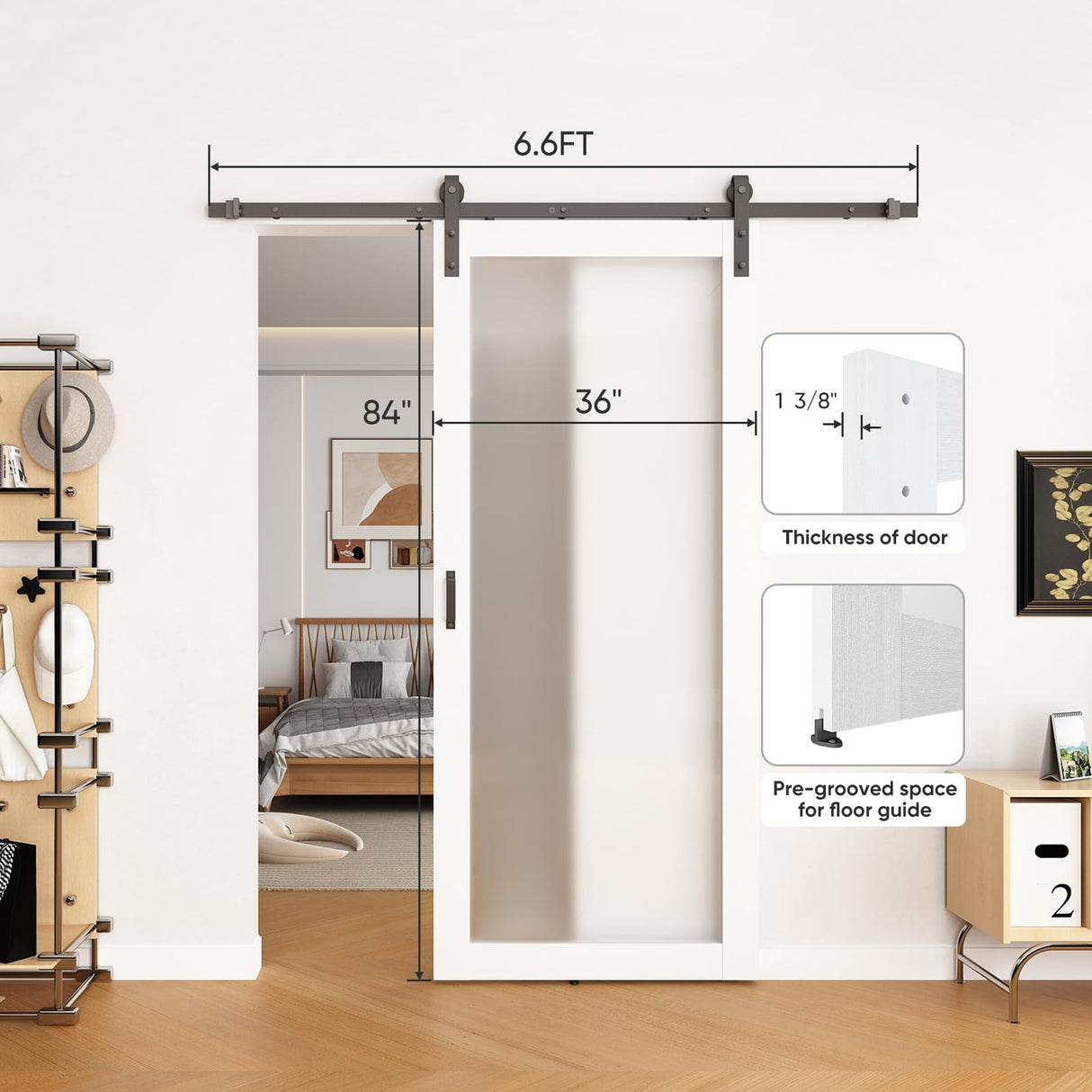 BARNSMITH 36in x 84in Glass Barn Door with 6.6FT Sliding Door Hardware Kit Included, 1 Lites Panel Frosted Glass Barn Door, Solid Wood Water-Proof PVC Surface,No Assembly Required,White BARNSMITH