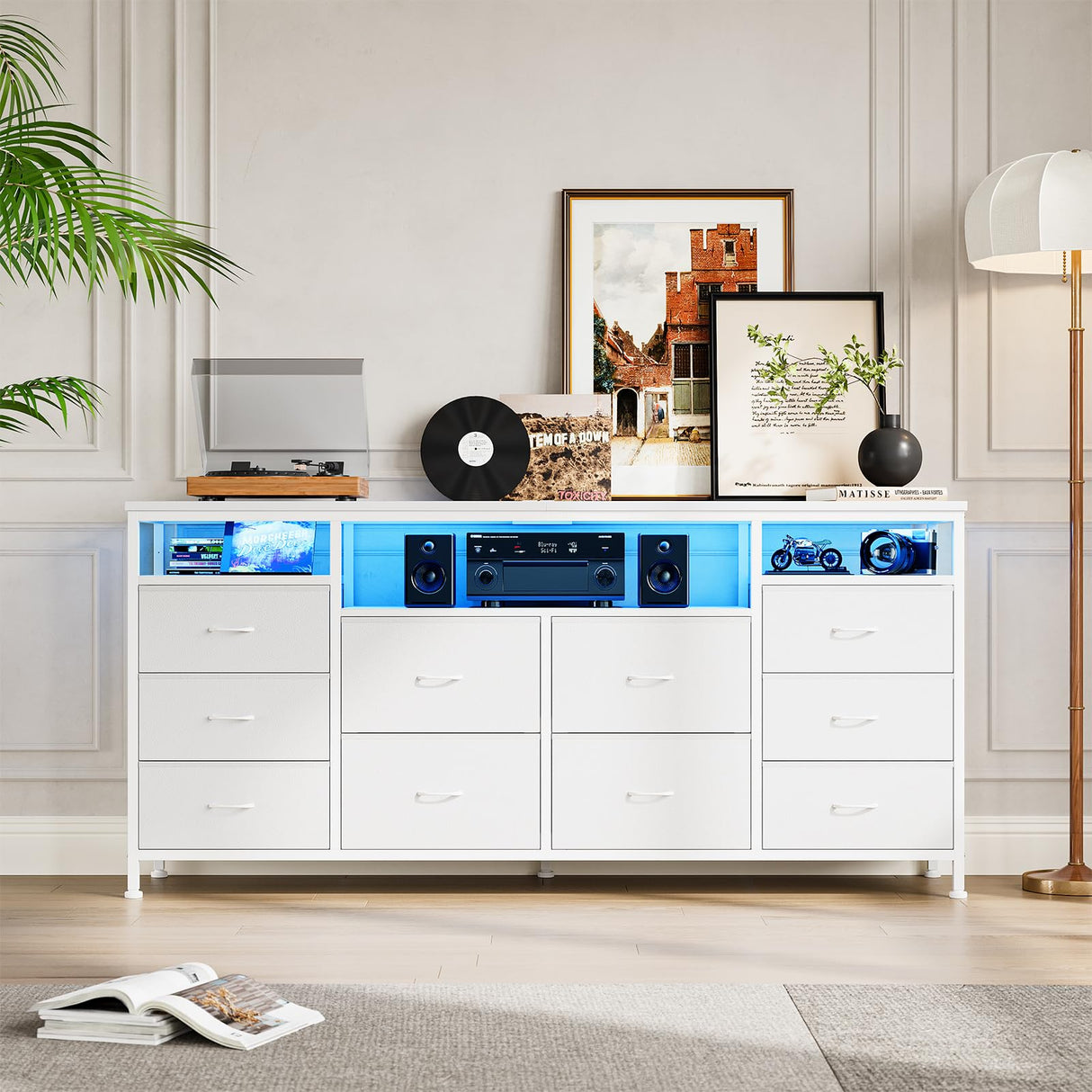 63.3 Inch Dresser for Bedroom, 10 Drawer Dresser Tv Stand for 65 70 75 Inch Tv, Fabric Chest of Drawers with Led Lights & Power Outlets, Long Entertainment Center for Closet, Living Room (White PU) GarveeHome