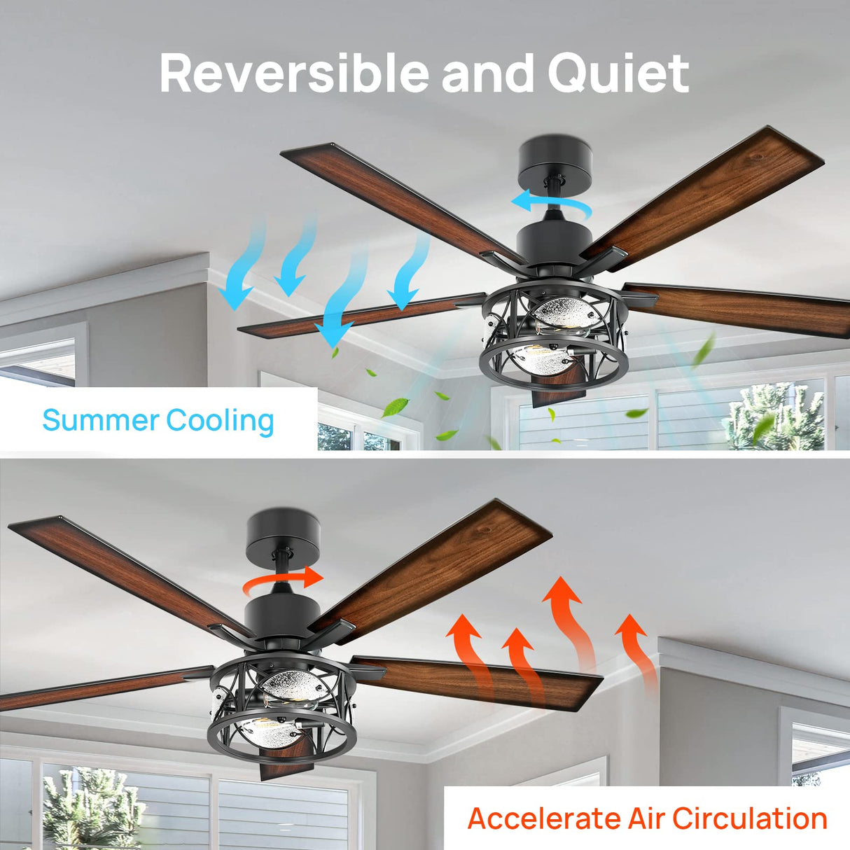Consciot Ceiling Fan With Lights, 52 Inch Farmhouse Indoor Ceiling Fan With Remote, Quiet Reversible DC Motor, 5 Double Finish Wood Blades, Easy Dual Mount, Support Dimmable 2*E26 Bulbs(not included) Consciot