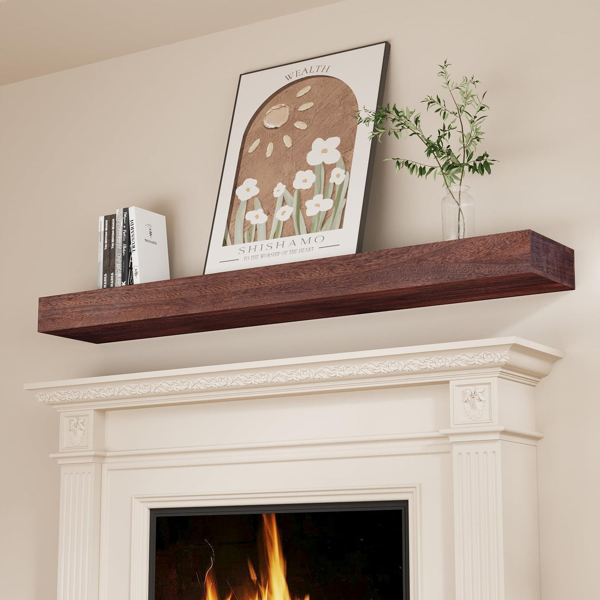 SAUMONIERES Fireplace Mantel Shelves 60 Inch Solid Wood Wall Mounted Long Floating Shelf Hollow, Brown SAUMONIERES