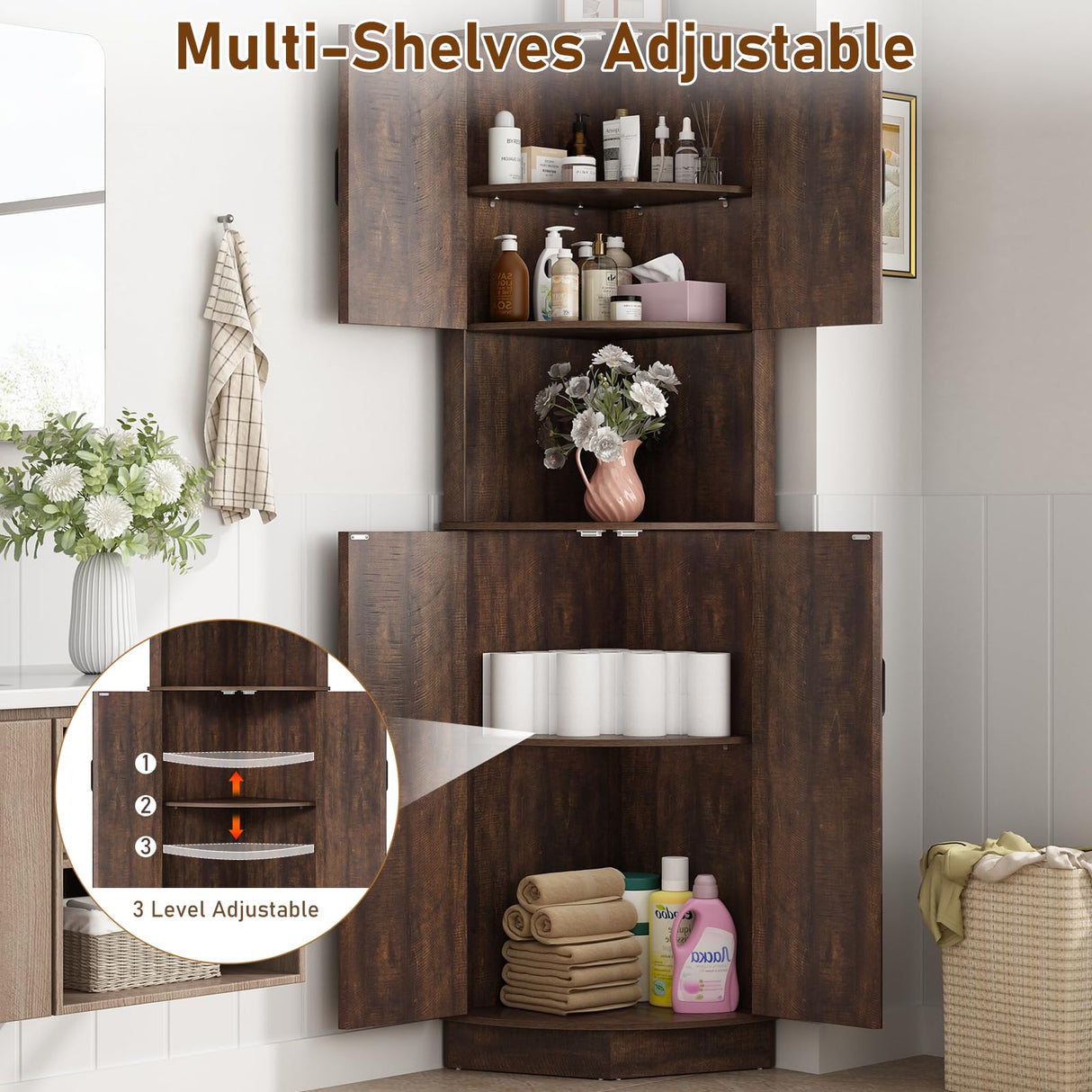 Hlivelood 68" Tall Farmhouse Corner Cabinet, Dining Room Storage Cabinet with 4 Barn Doors and 5 Level Storage with Adjustable Shelves, for Kitchen, Living Room, Laundry Room, Brown Hlivelood