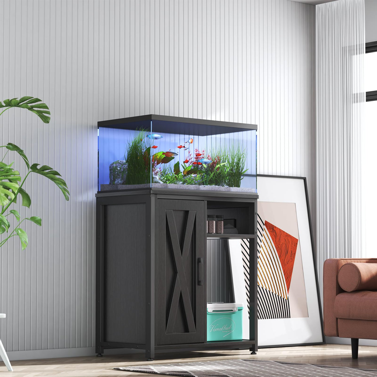 ZERDER Aquarium Stand with USB and AC Power Strip, Cabinet for Fish Tank Accessories Storage, Heavy Duty Metal Fish Tank Stand for Turtle Tank (Black, 20-29 Gallons) ZERDER