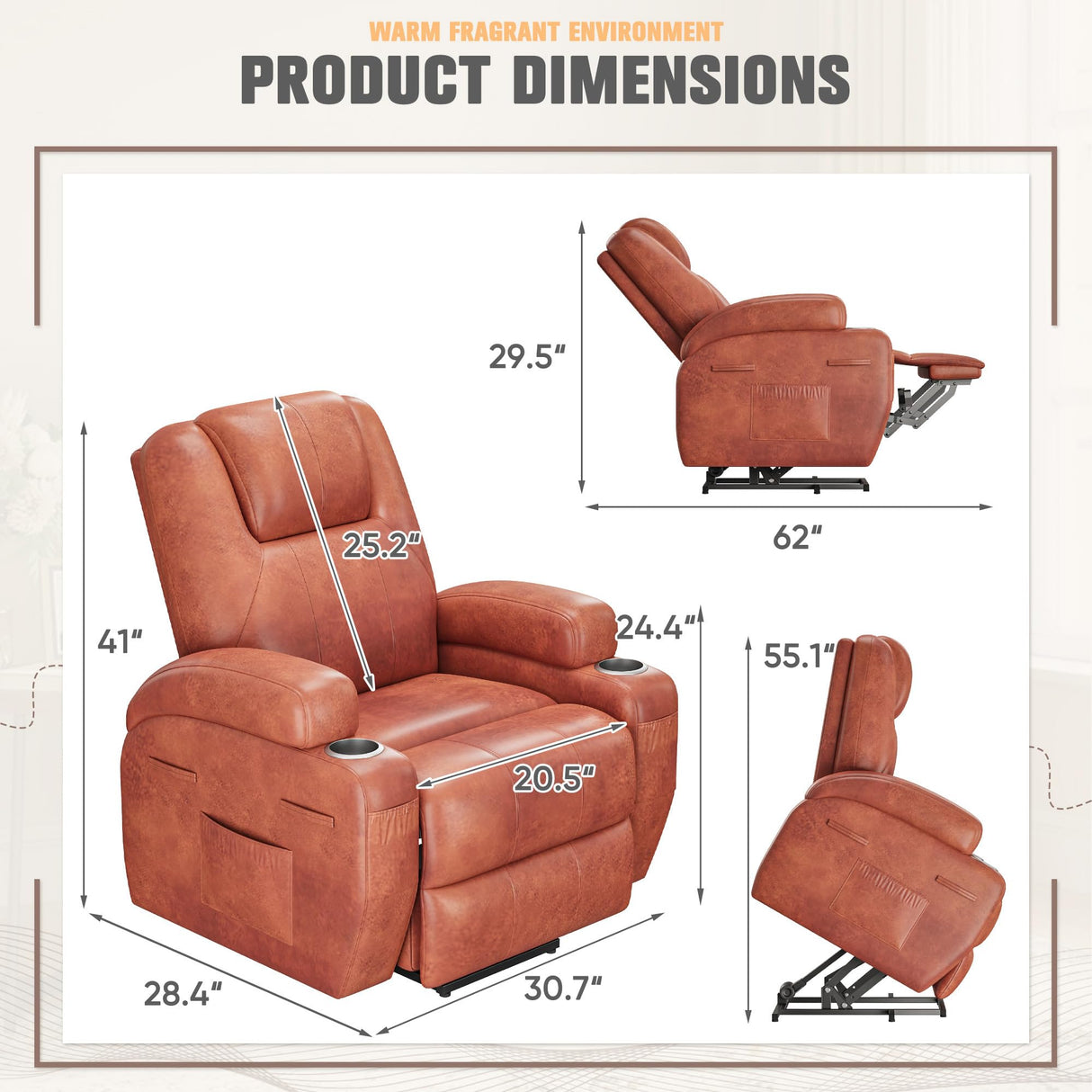 Flamaker Power Lift Recliner Chair Electric Lift Recliner for Elderly Power Lift Recliner Chair with Cup Holders Side Pockets for Living Room (Leathaire, Brown) Flamaker