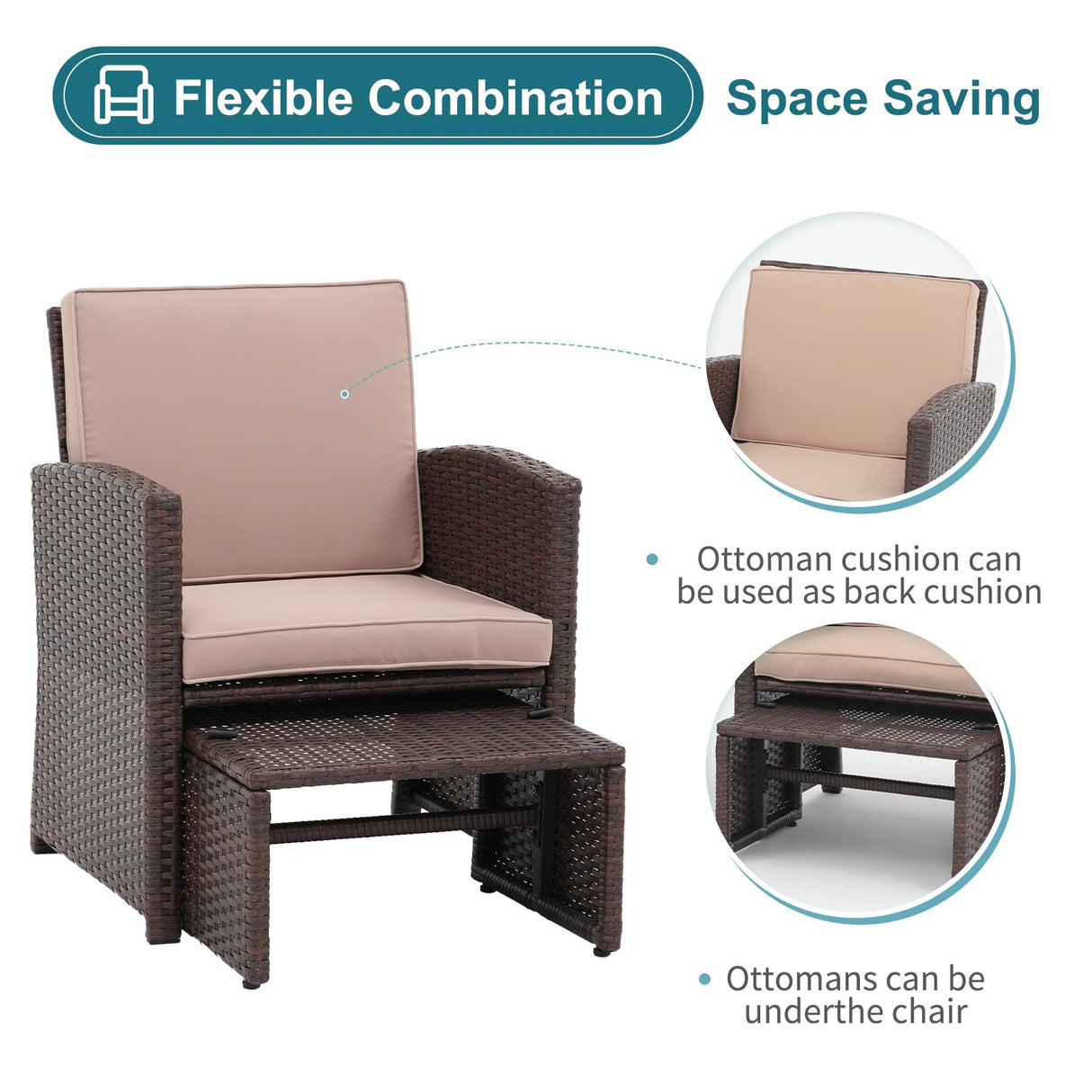 OC Orange-Casual 6 Piece Patio Wicker Furniture Set, Balcony All Weather Rattan Chair, with Space Saving Ottoman, Resin Nesting Coffee Table, Modern Design, Beige OC Orange-Casual