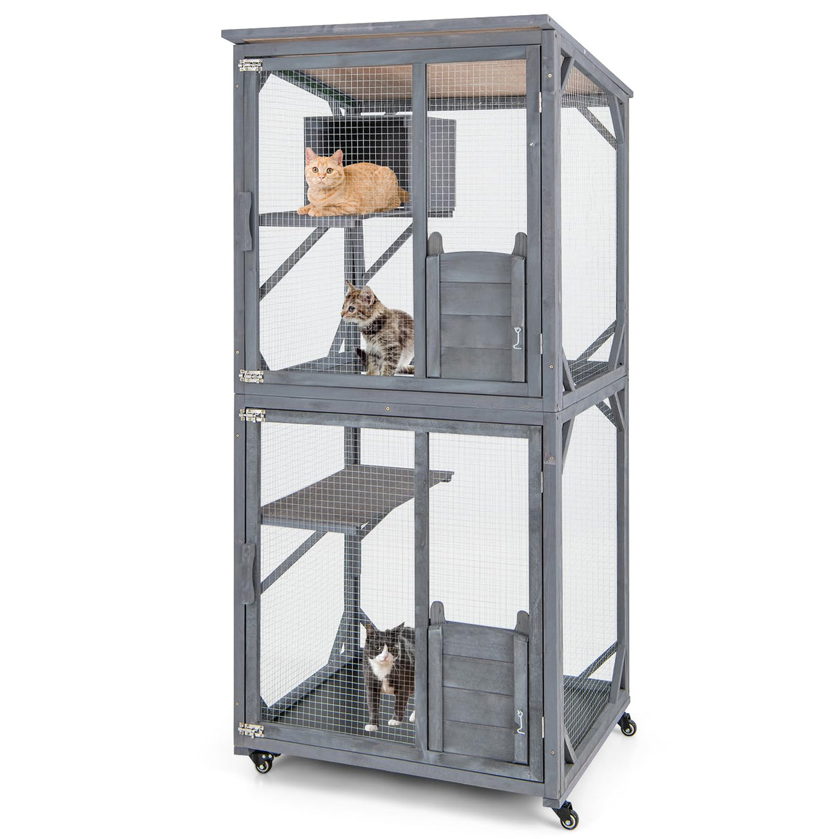 Tangkula Catio Outdoor Cat Enclosure, 72 Inch Wooden Cat House on Wheels with Resting Box, 2 Platforms & Weatherproof Asphalt Roof, Large Kitty Cat Condo Cage Playpen with Enter Doors & PP Layer Tangkula