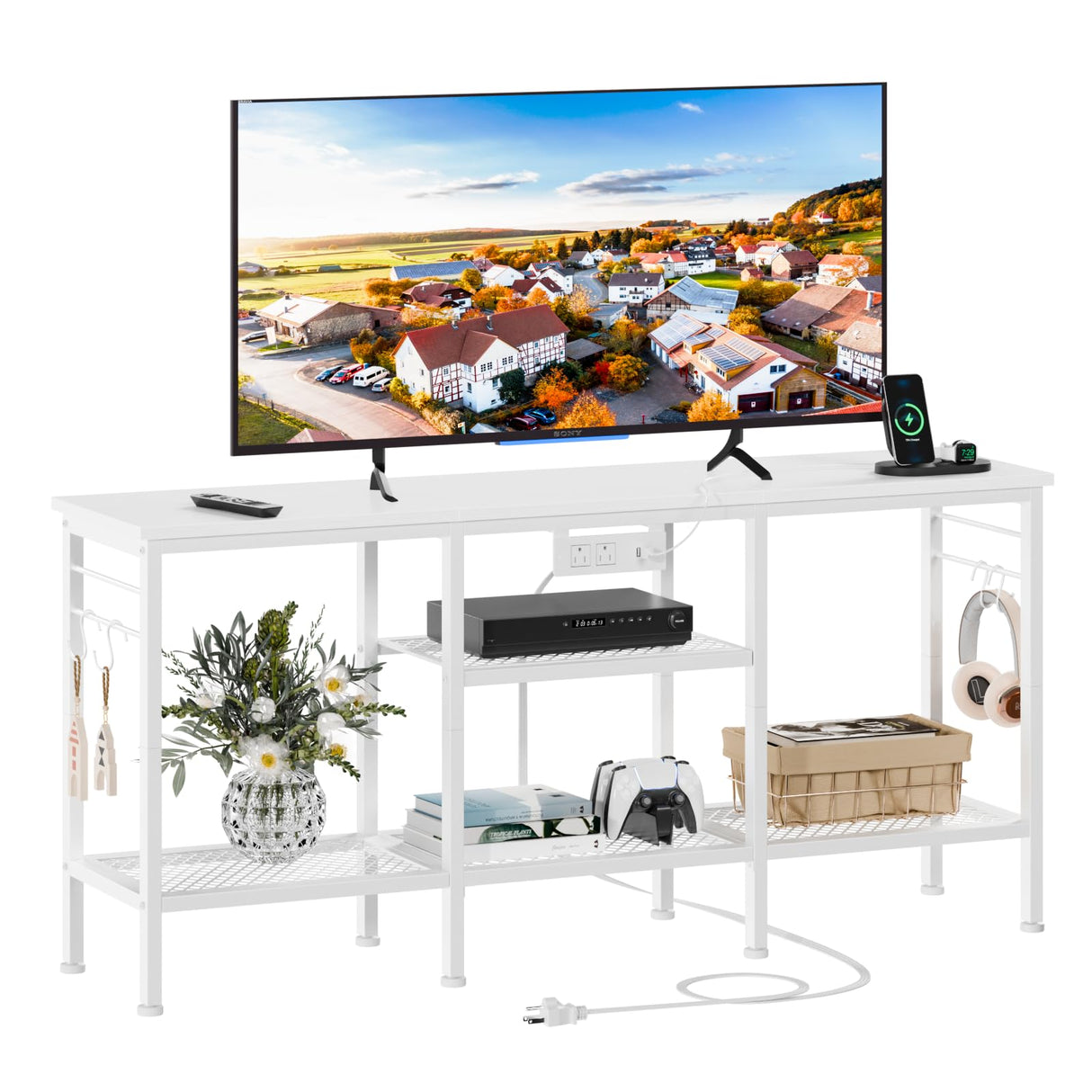 Furologee TV Stand with Power Outlets, Entertainment Center with Open Storage Shelves for TVs up to 55 Inch, TV Media Console Table with Soundbar Shelf for Living Room, Bedroom, White Furologee