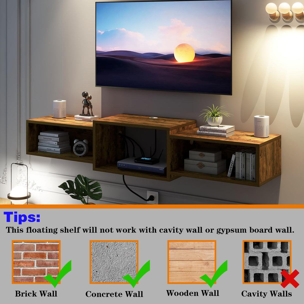 IBUYKE Floating TV Stand Wall Mounted with Power Outlet,Wood Wall Mounted Media Console Shelf,Floating Entertainment Center for Under TV Storage for Living Room Bedroom Office,Rustic Brown WST001H IBUYKE