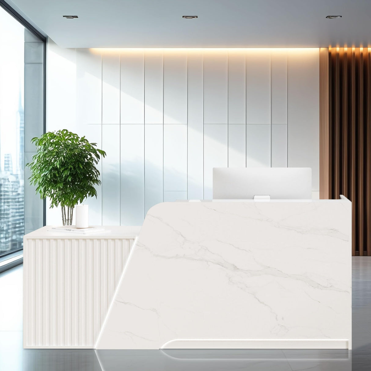 Modern Reception Desk with Counter, Solid Wood Retail Counter with Lockable Drawer & Shelves, White Front Desk for Checkout, Lobby, Beauty Salon, Barber and Office (63in,Left) Generic