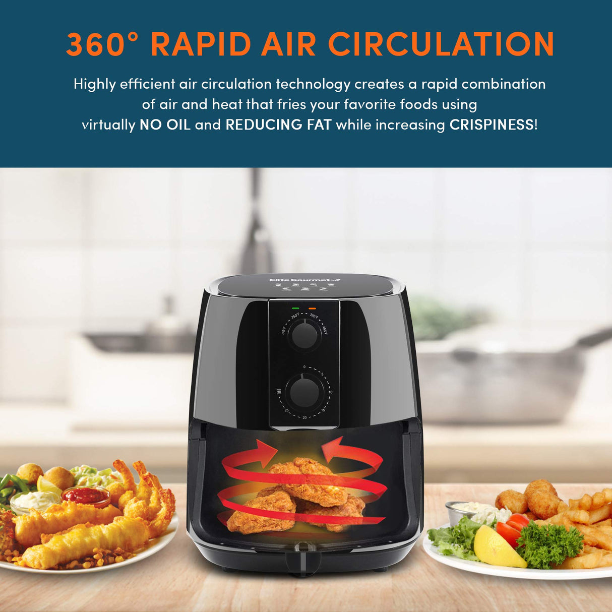 Elite Gourmet EAF4617 Electric Digital Hot Air Fryer, 1350Watts, Oil-Less Healthy Cooker, Timer & Temperature Controls, 4 Quart, Black Elite Gourmet