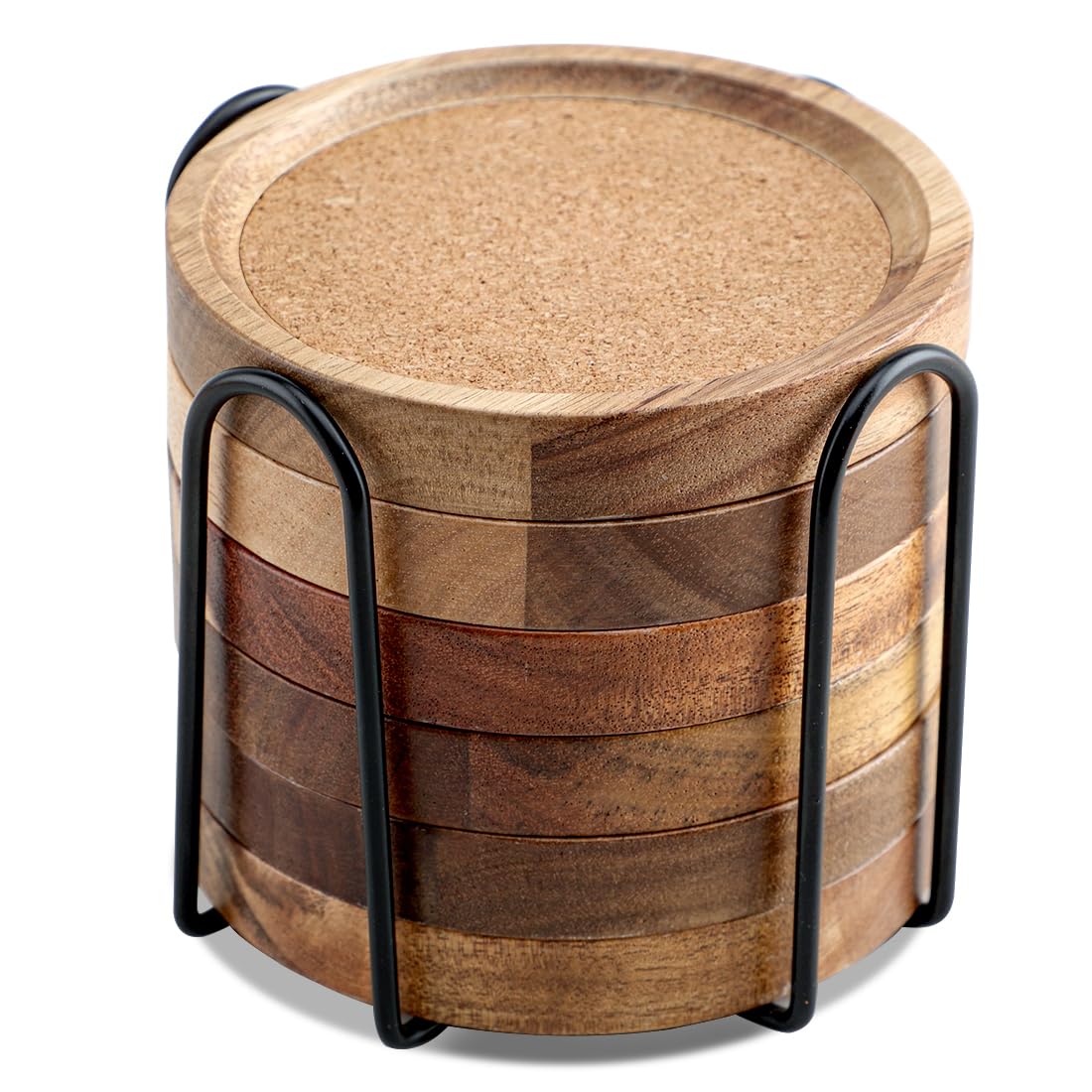 Wood Coasters for Drinks Absorbent with Holder, Acacia Wood Cork Coaster Rustic Coasters for Coffee Table Dining Table Wooden Table Coasters for Farmhouse Desk, Set of 6 WLWNWFT