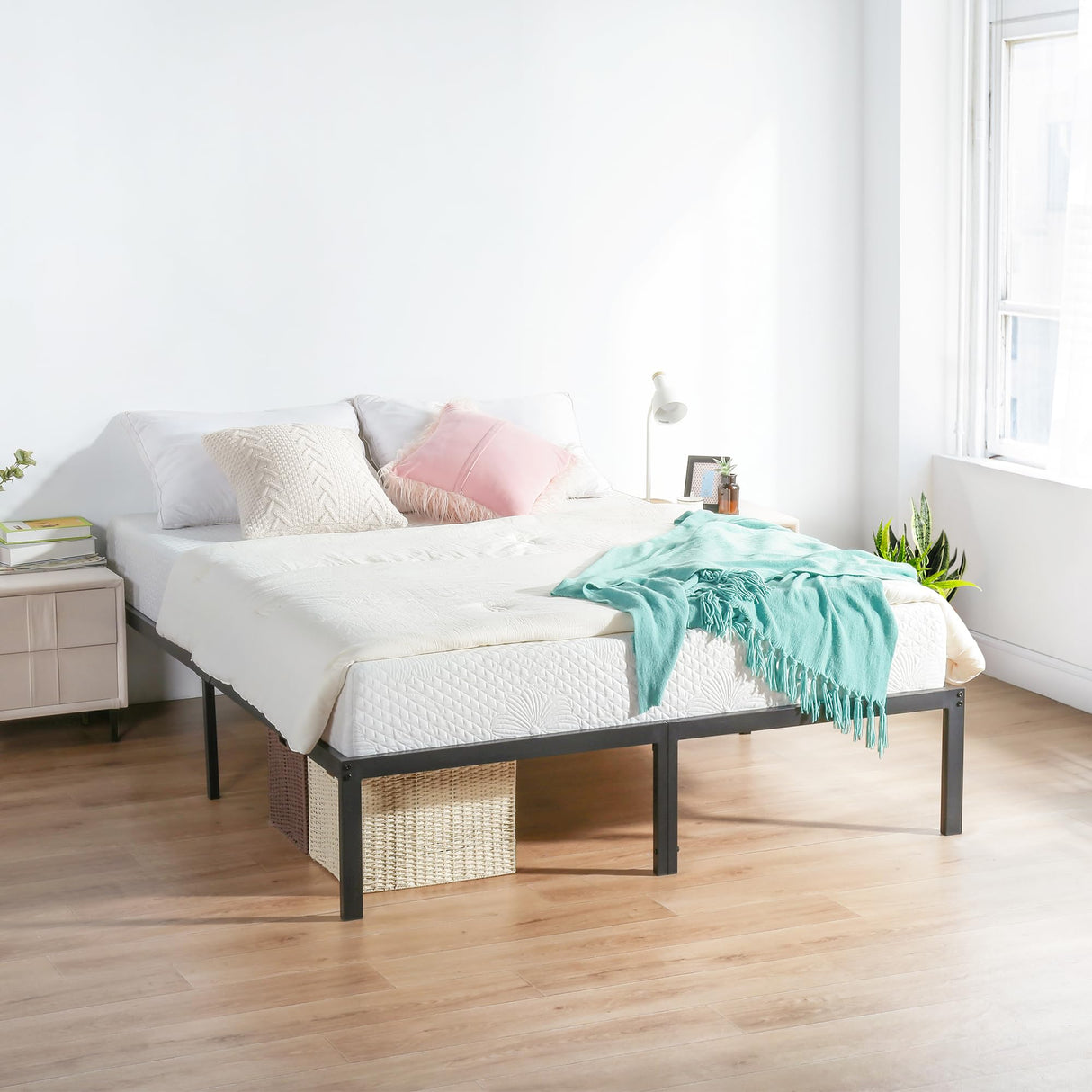 Olee Sleep 18 Inch Heavy Duty Steel Slat Anti-Slip Support, Easy Assembly Platform Bed Frame, Noise Free Steel Mattress Foundation, Maximum Storage, No Box Spring Needed, Black, Queen Size Olee Sleep