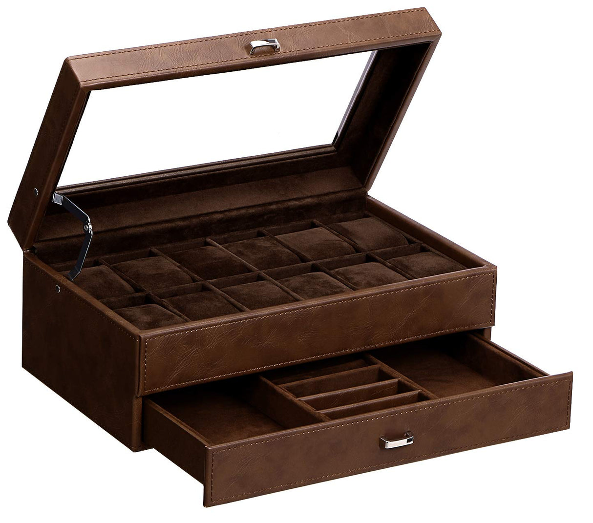BEWISHOME Watch Box for Men Luxury Watch Organizer Faux Leather Watch Case with Jewelry Drawer, Real Glass Top, Metal Hinge, Brown SSH12Z BEWISHOME