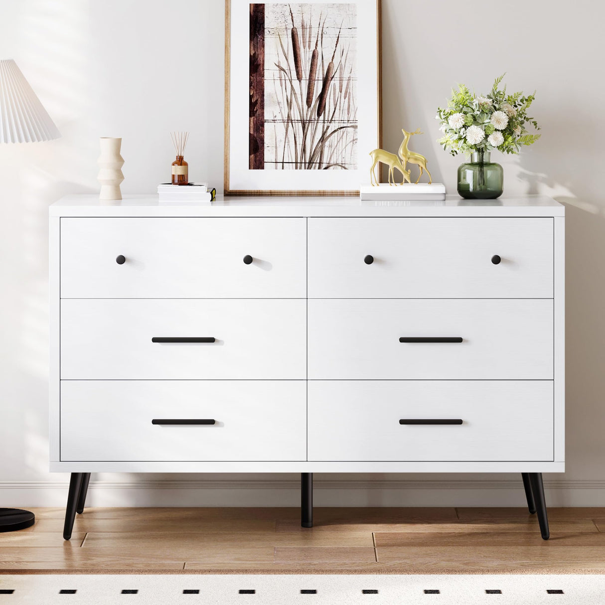 DWVO White 6-Drawer Modern Dresser with Black Metal Handles, Wooden Chest of Drawers with Anti-Tip Safety Design, Stylish Storage Cabinet for Bedroom, Living Room, or Entryway DWVO