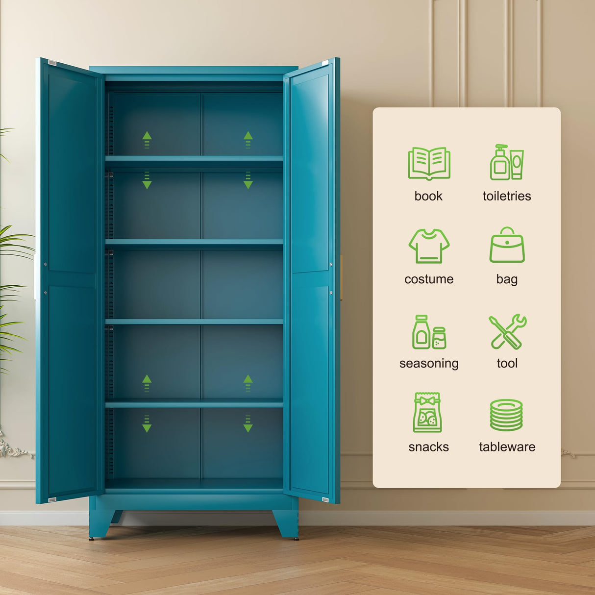 Washsemba 71'' Farmhouse Metal Storage Cabinet with Barn Doors,Steel File Cabinet for Home Office,Kitchen Pantry 4 Adjustable Shelves,Freestanding Cupboard for Kitchen,for Office, Home (Peacock Blue) Washsemba