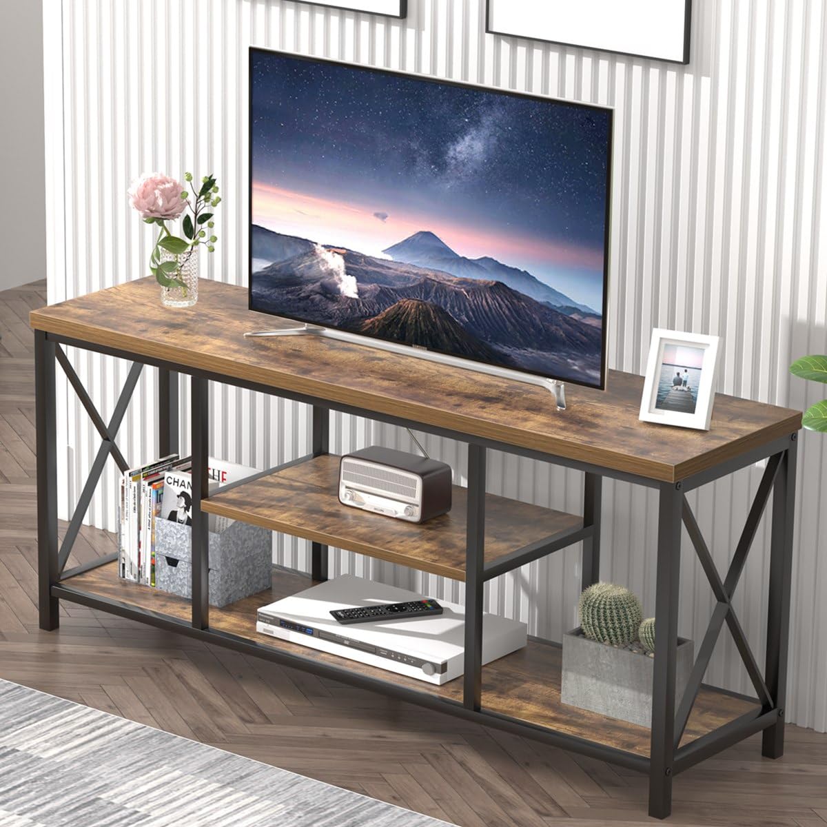 EXCEFUR 55 Inch TV Stand for Televisions up to 65 Inch, Modern Entertainment Center with Storage Shelves, Industrial Media TV Console for Living Room, Bedroom, Rustic Brown EXCEFUR