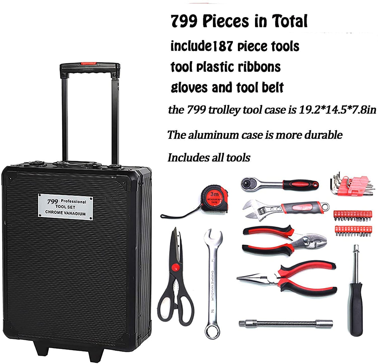 Arcwares 799pcs Aluminum Trolley Case Tool Set Silver, House Repair Kit Set, Household Hand Tool Set, with Tool Belt,Gift on Father's Day (Black) Arcwares